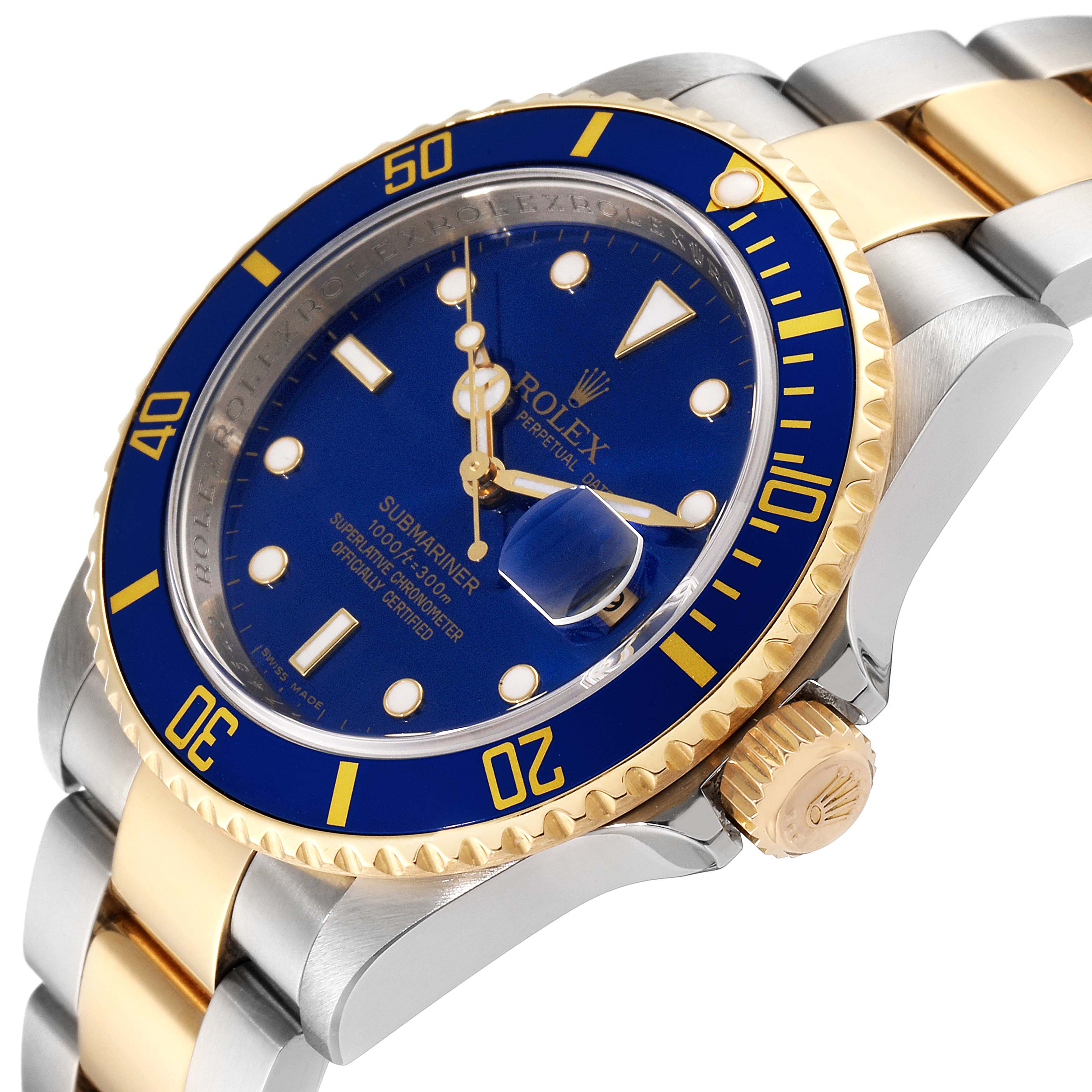 The Rolex Submariner 16613 Men
s Steel and Gold (two tone) Blue Dial 16613 Men
s Steel and Gold (two tone) Blue Dial watch is shown at an angle highlighting the blue dial, bezel, and part of the two-tone bracelet.
