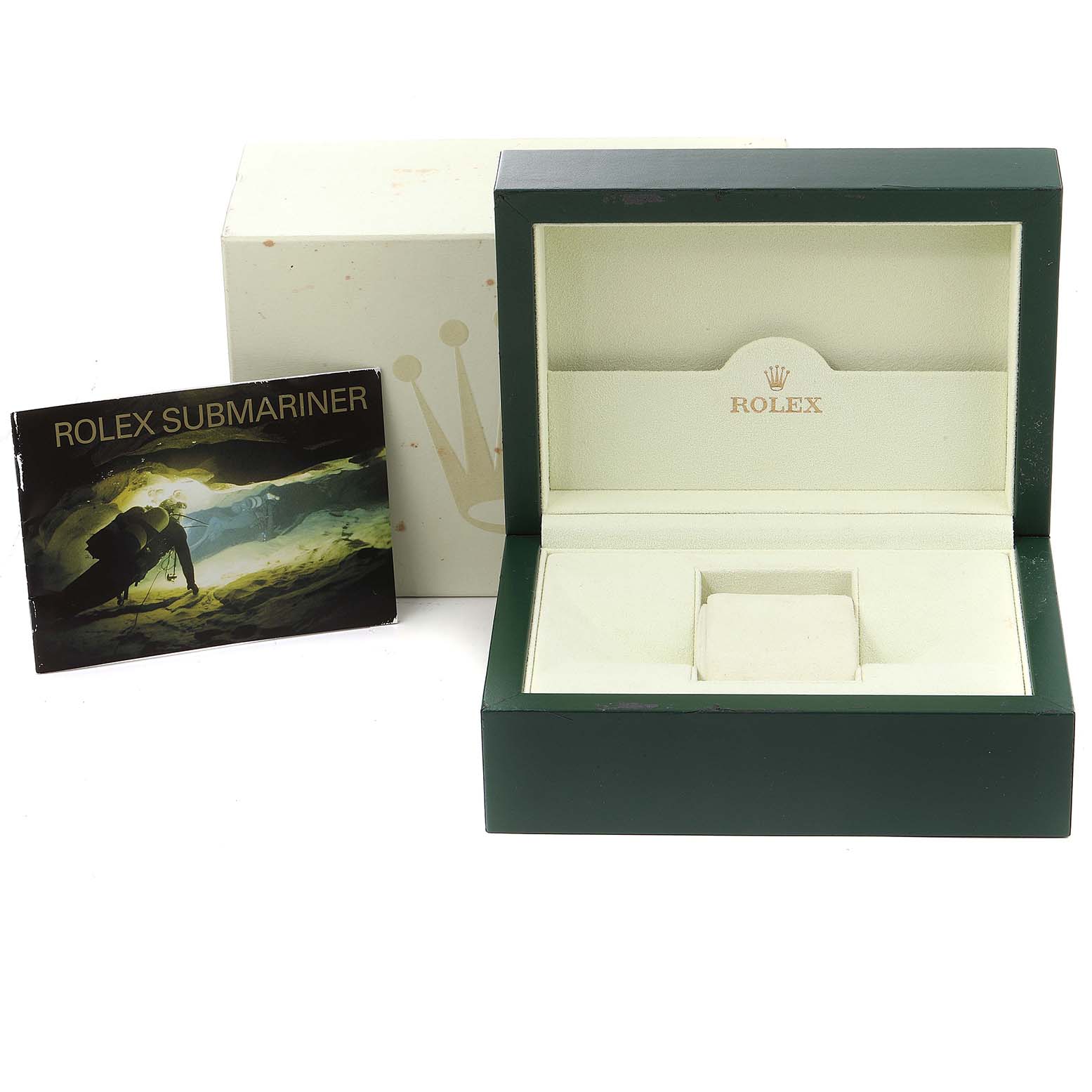 The image shows the upper view of a Rolex Submariner 16613 Men
s Steel and Gold (two tone) Blue Dial 16613 Men
s Steel and Gold (two tone) Blue Dial watch box and its accompanying manual.