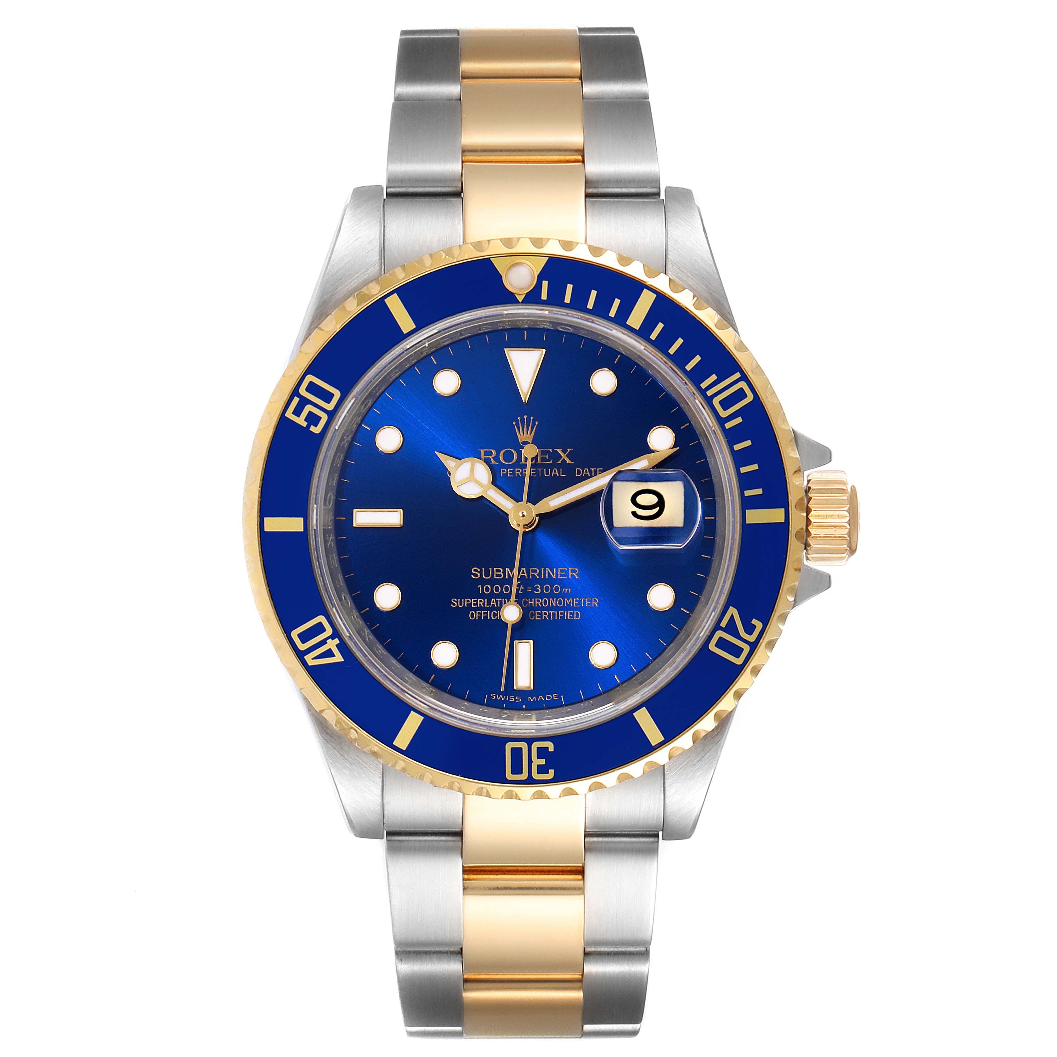 The image shows a front view of a Rolex Submariner 16613 Men
s Steel and Gold (two tone) Blue Dial 16613 Men
s Steel and Gold (two tone) Blue Dial watch with a blue dial, blue bezel, gold accents, and a two-tone bracelet.