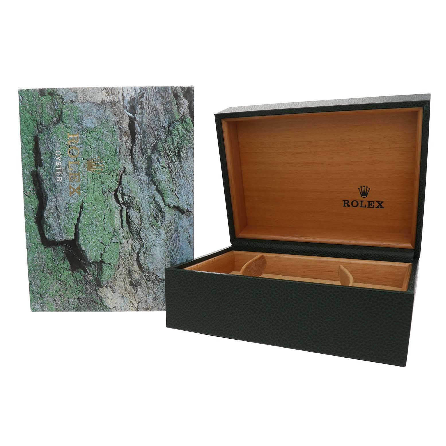 The image shows a Rolex Submariner 16610LN Men's Stainless Steel Black Dial box and outer sleeve, angled to display the open interior and exterior design.