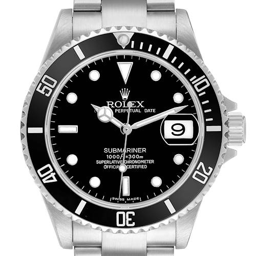 The Rolex Submariner 16610LN Men's Stainless Steel Black Dial watch is shown from a front angle, displaying the bezel, dial, hands, and date window.
