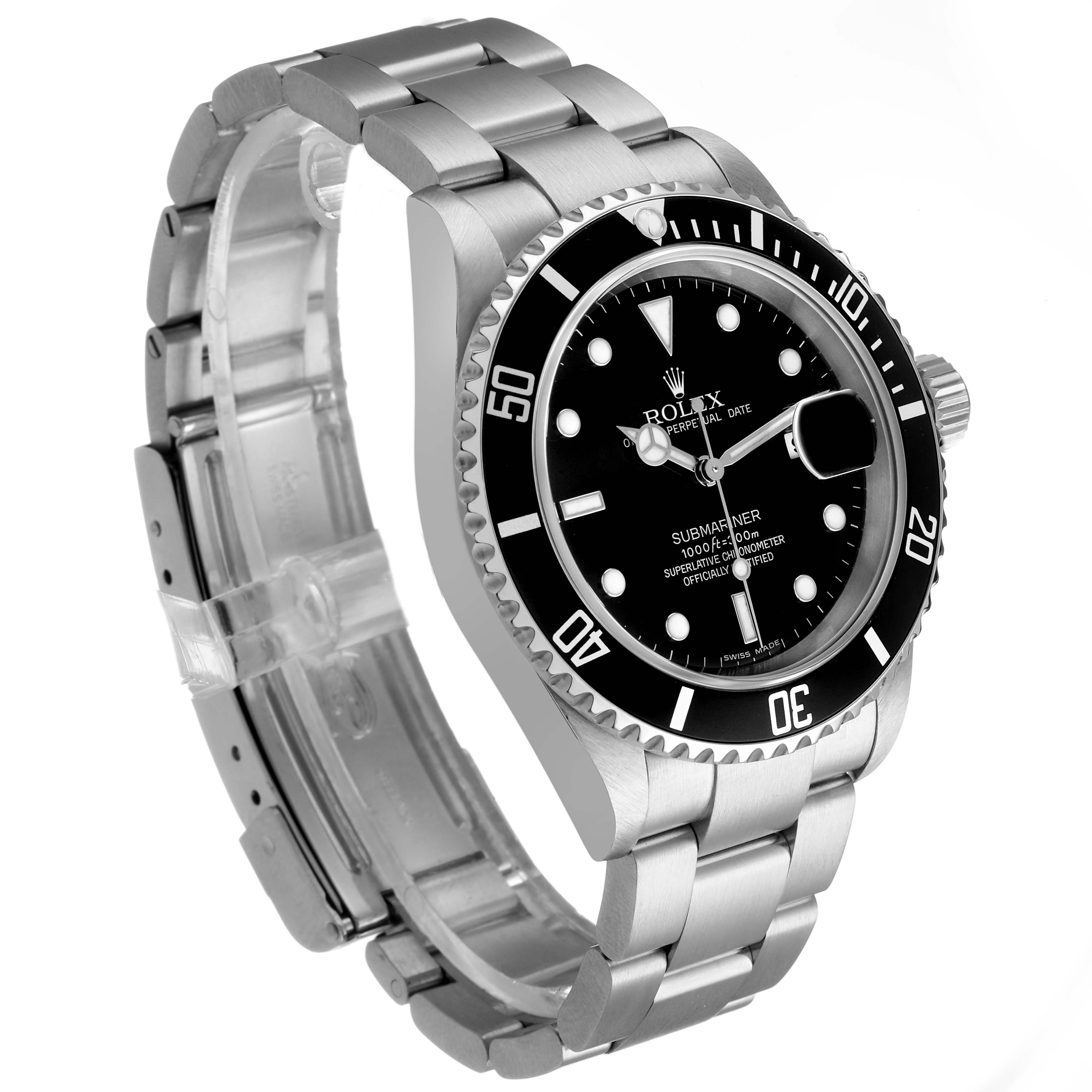 The Rolex Submariner 16610LN Men's Stainless Steel Black Dial watch is shown at a three-quarter angle, highlighting the face, bezel, crown, and bracelet.