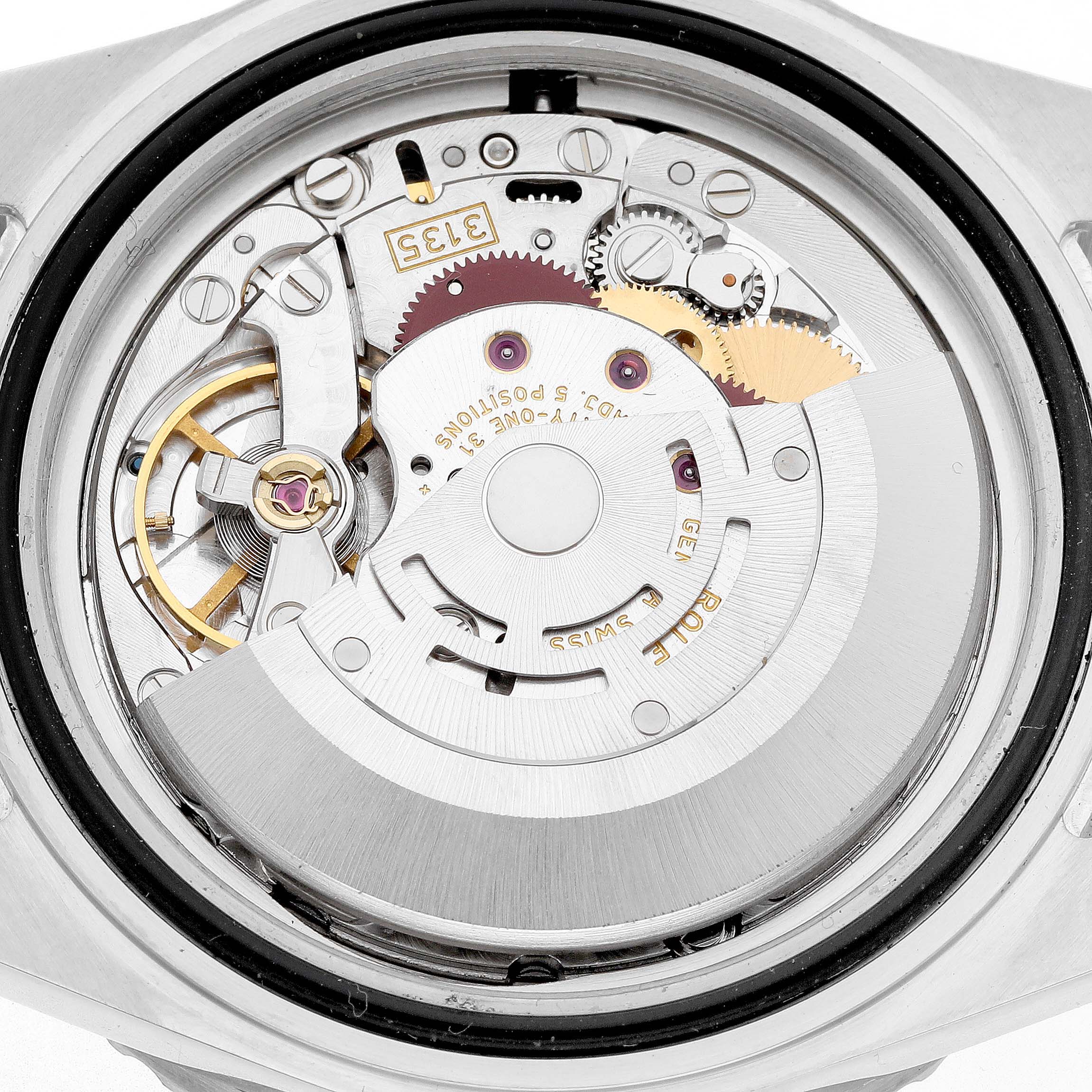 The image shows the internal movement of a Rolex Submariner 16610LN Men's Stainless Steel Black Dial watch from a top-down angle.