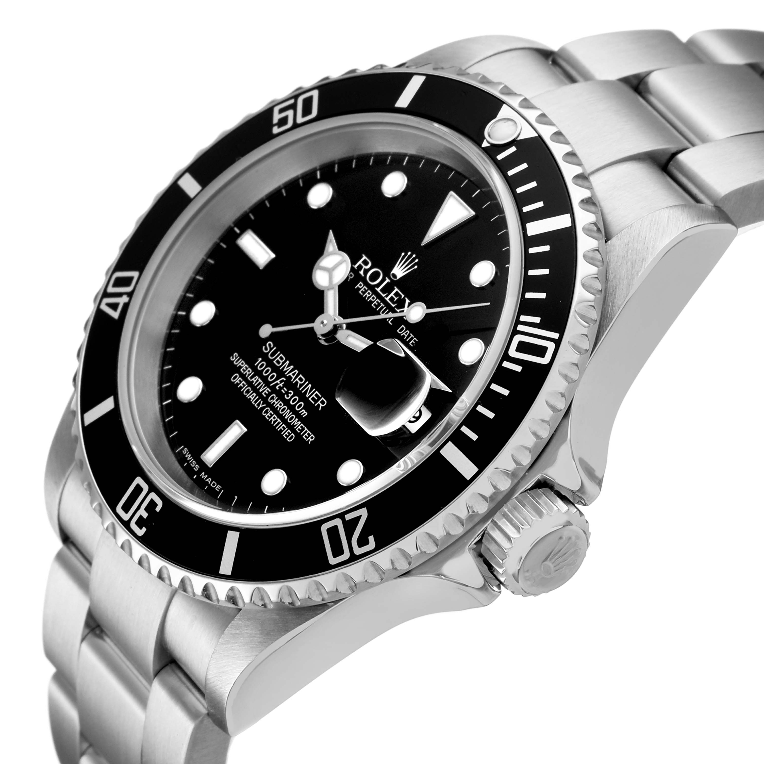 The image shows a side and slightly angled front view of a Rolex Submariner 16610LN Men's Stainless Steel Black Dial, displaying the bezel, dial, crown, and bracelet.