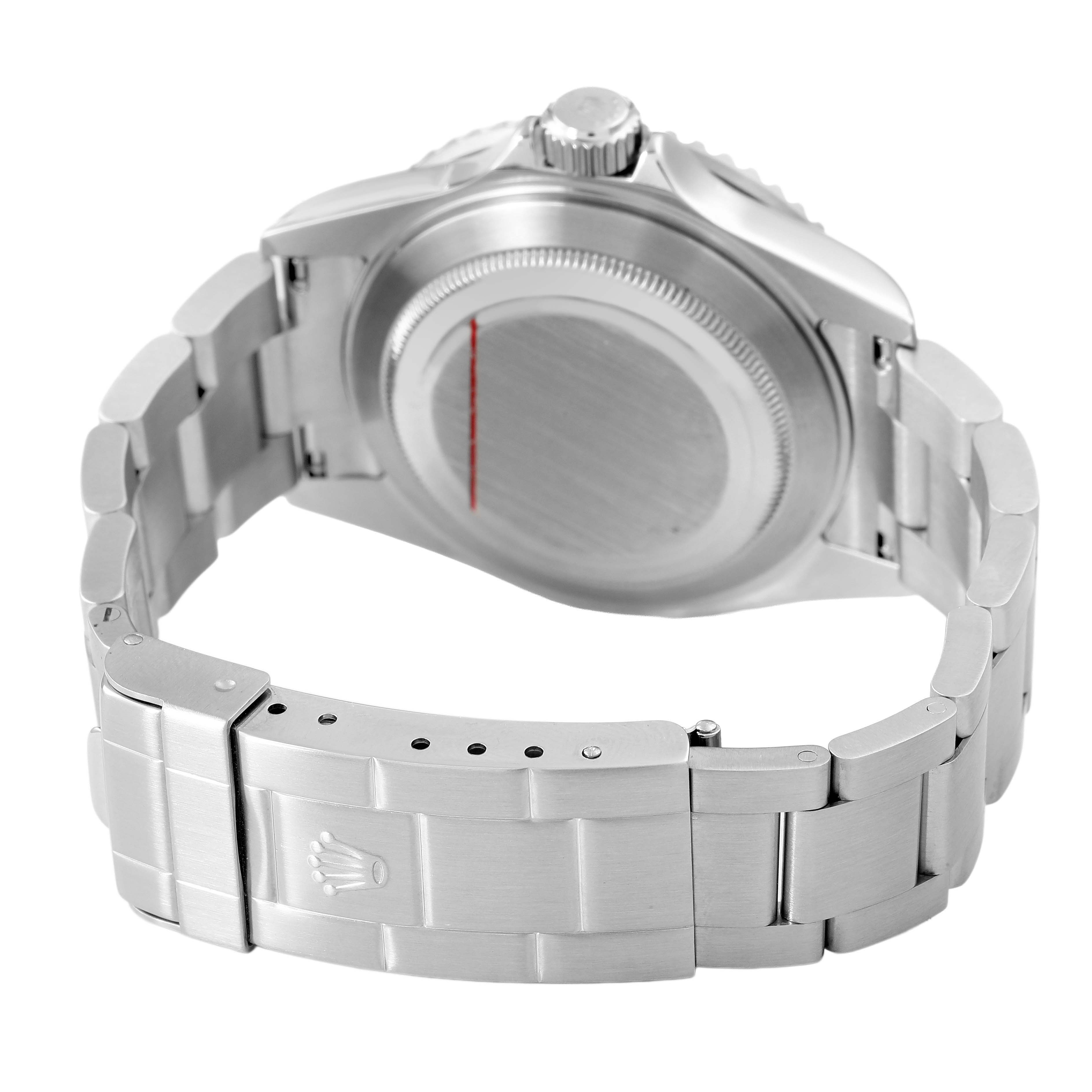 The image shows the back view of a Rolex Submariner 16610LN Men's Stainless Steel Black Dial, highlighting the case back and bracelet with clasp.