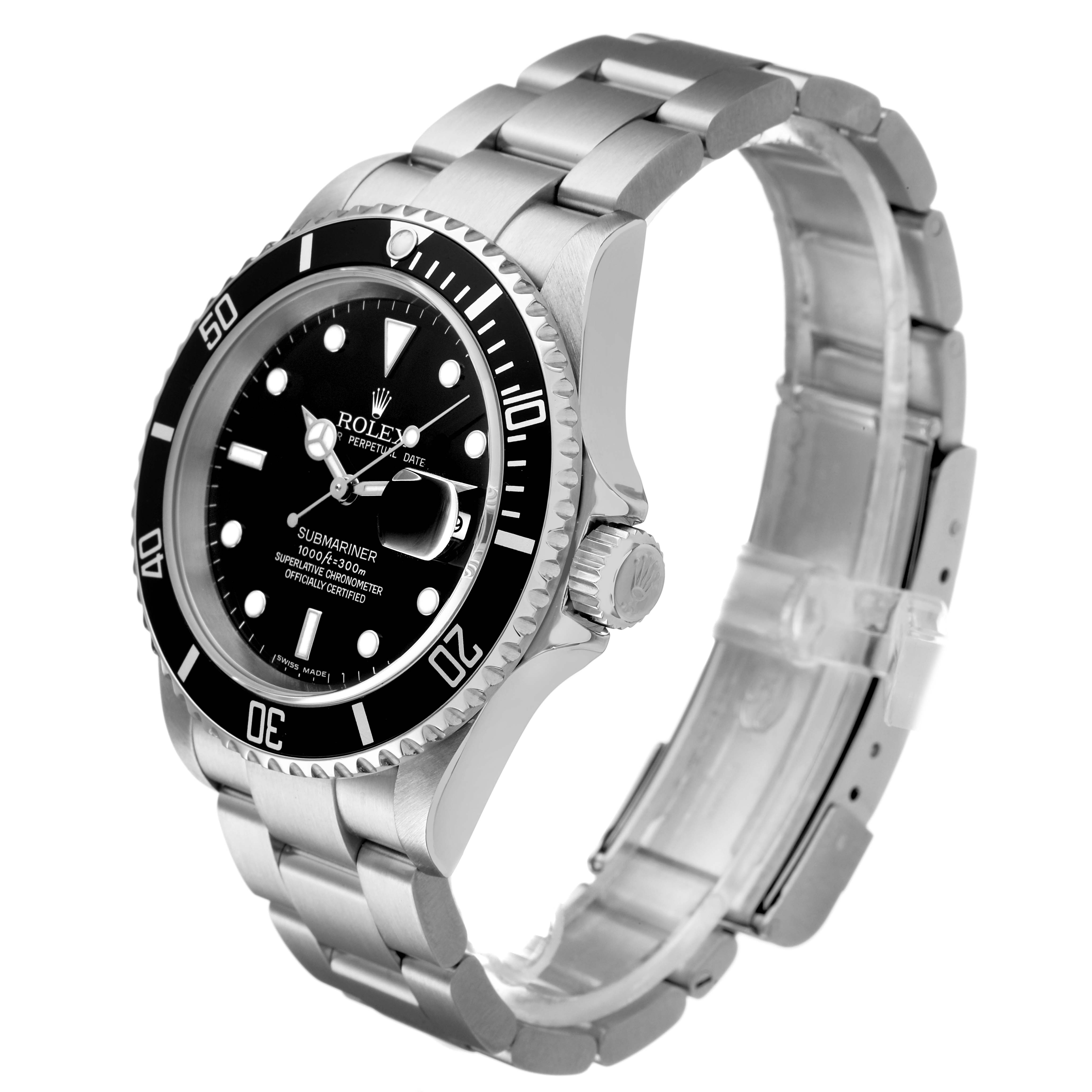 The Rolex Submariner 16610LN Men's Stainless Steel Black Dial is shown at a three-quarter angle, highlighting the watch face, bezel, crown, and bracelet.