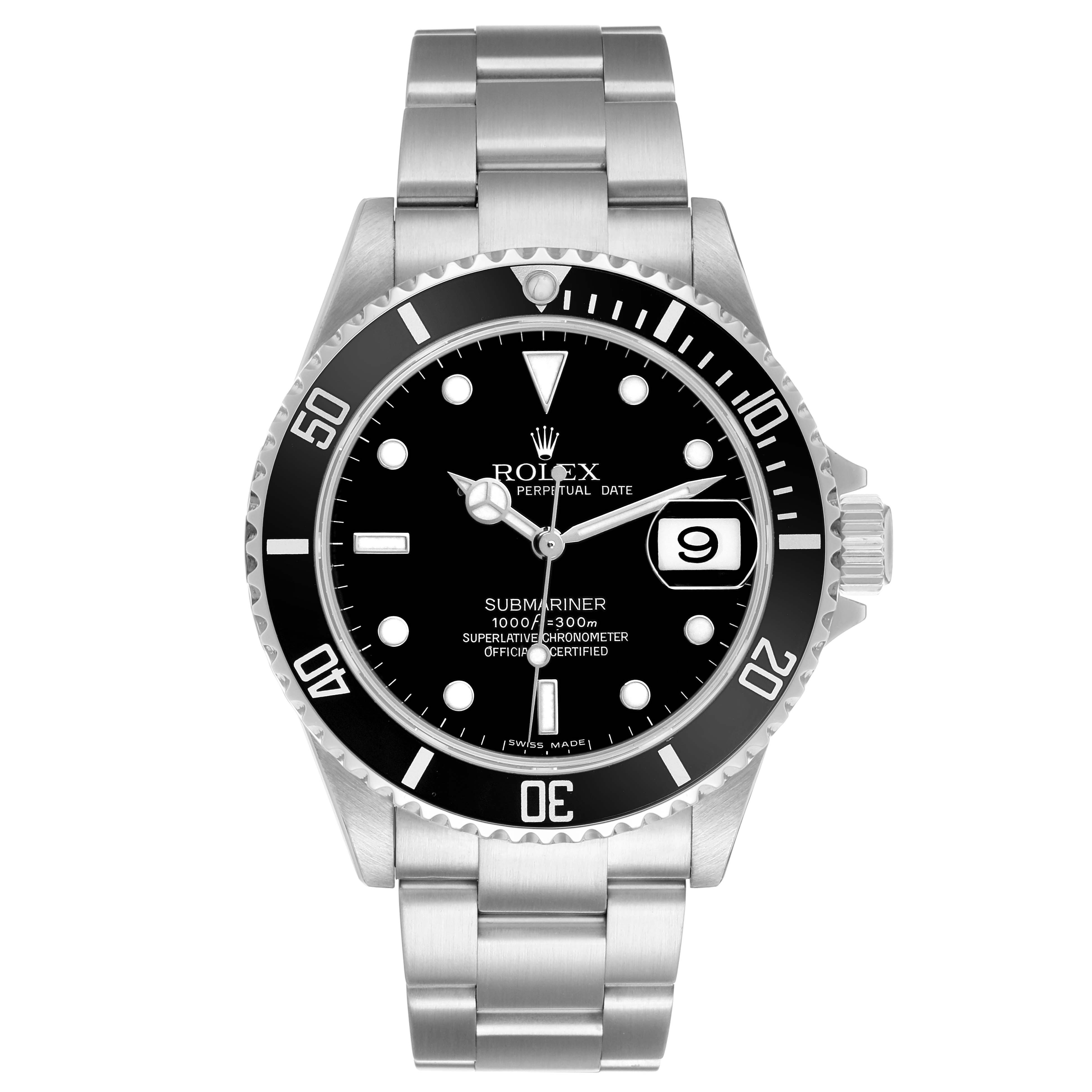 The Rolex Submariner 16610LN Men's Stainless Steel Black Dial watch is shown from a front angle, displaying its dial, bezel, and bracelet.