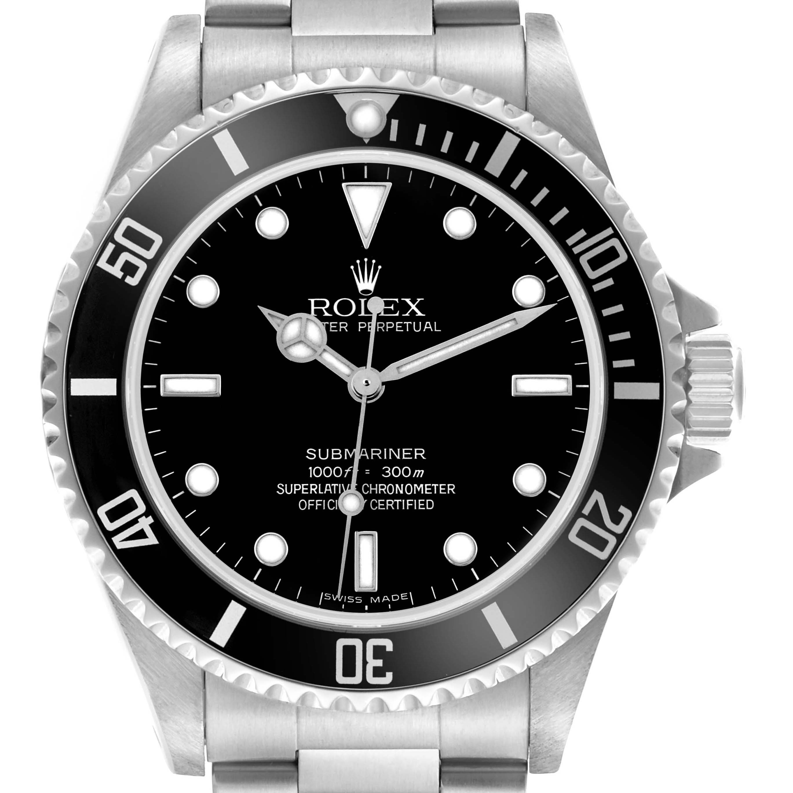 The Rolex Submariner 14060 Men's Stainless Steel Black Dial 14060 Men's Stainless Steel Black Dial watch is shown from a front angle, displaying its dial, bezel, and bracelet.
