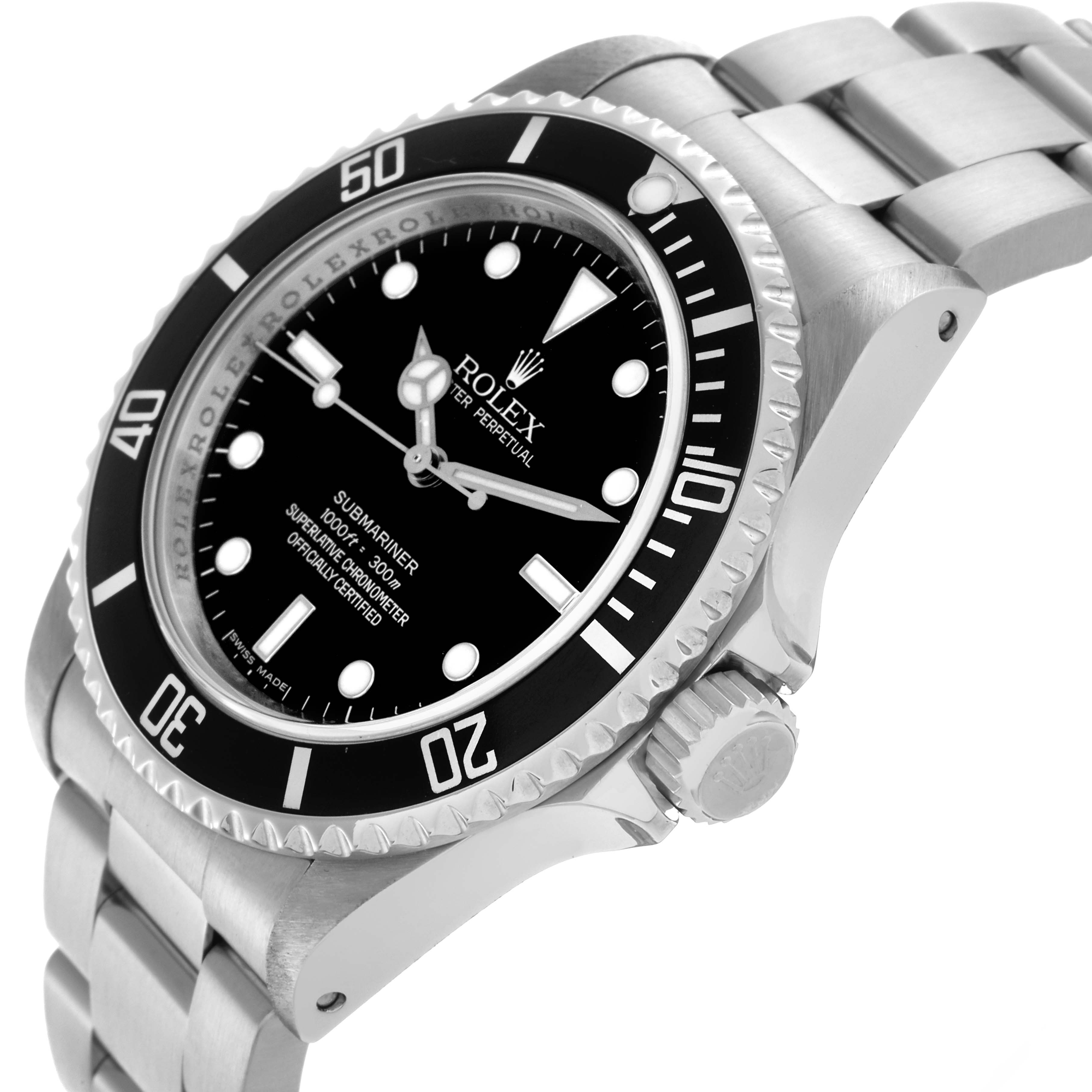 The Rolex Submariner 14060 Men's Stainless Steel Black Dial 14060 Men's Stainless Steel Black Dial watch is shown at a slight angle, displaying the bezel, crown, dial, and part of the bracelet.