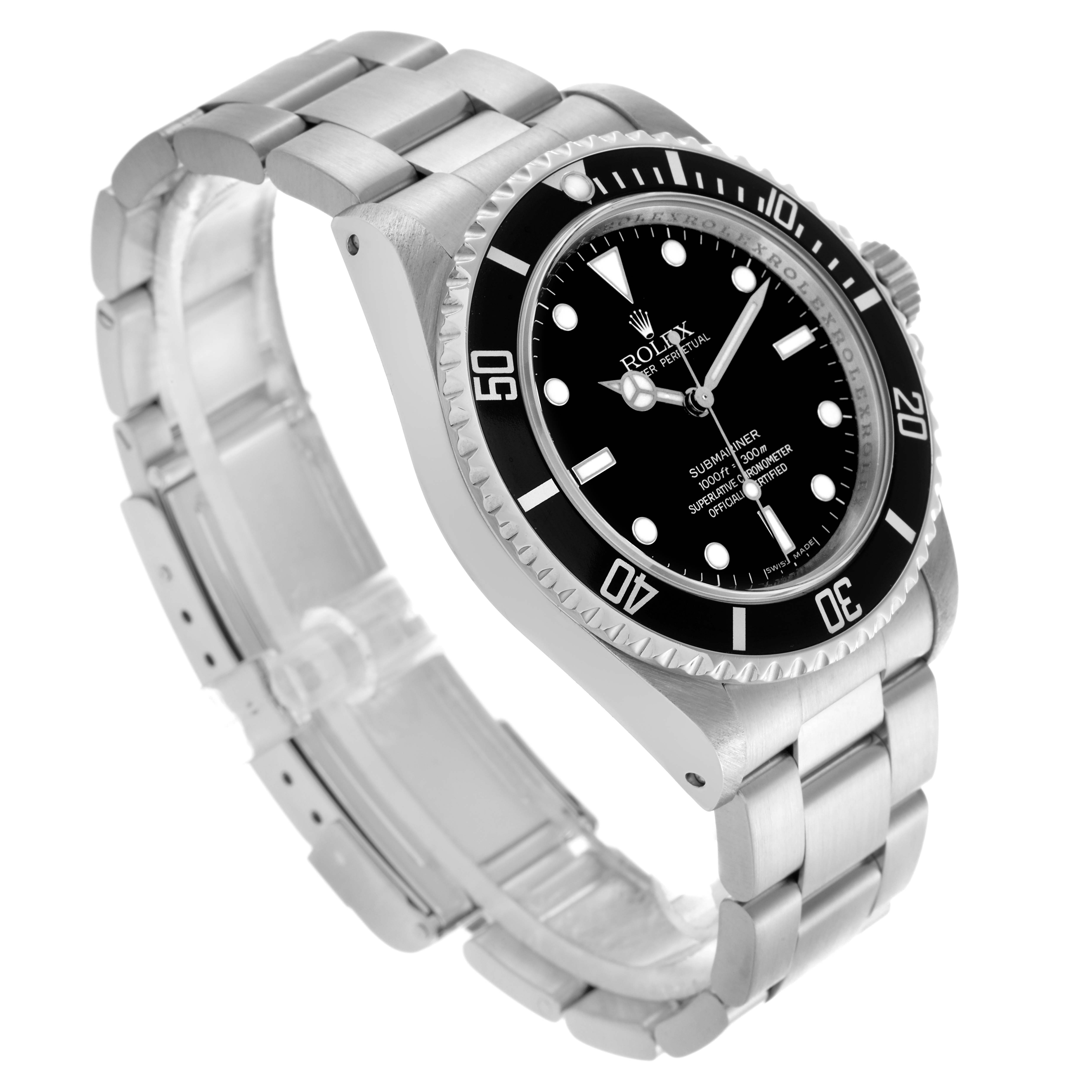 The Rolex Submariner 14060 Men's Stainless Steel Black Dial 14060 Men's Stainless Steel Black Dial watch is shown at a three-quarter angle, displaying the face, bezel, bracelet, and case.