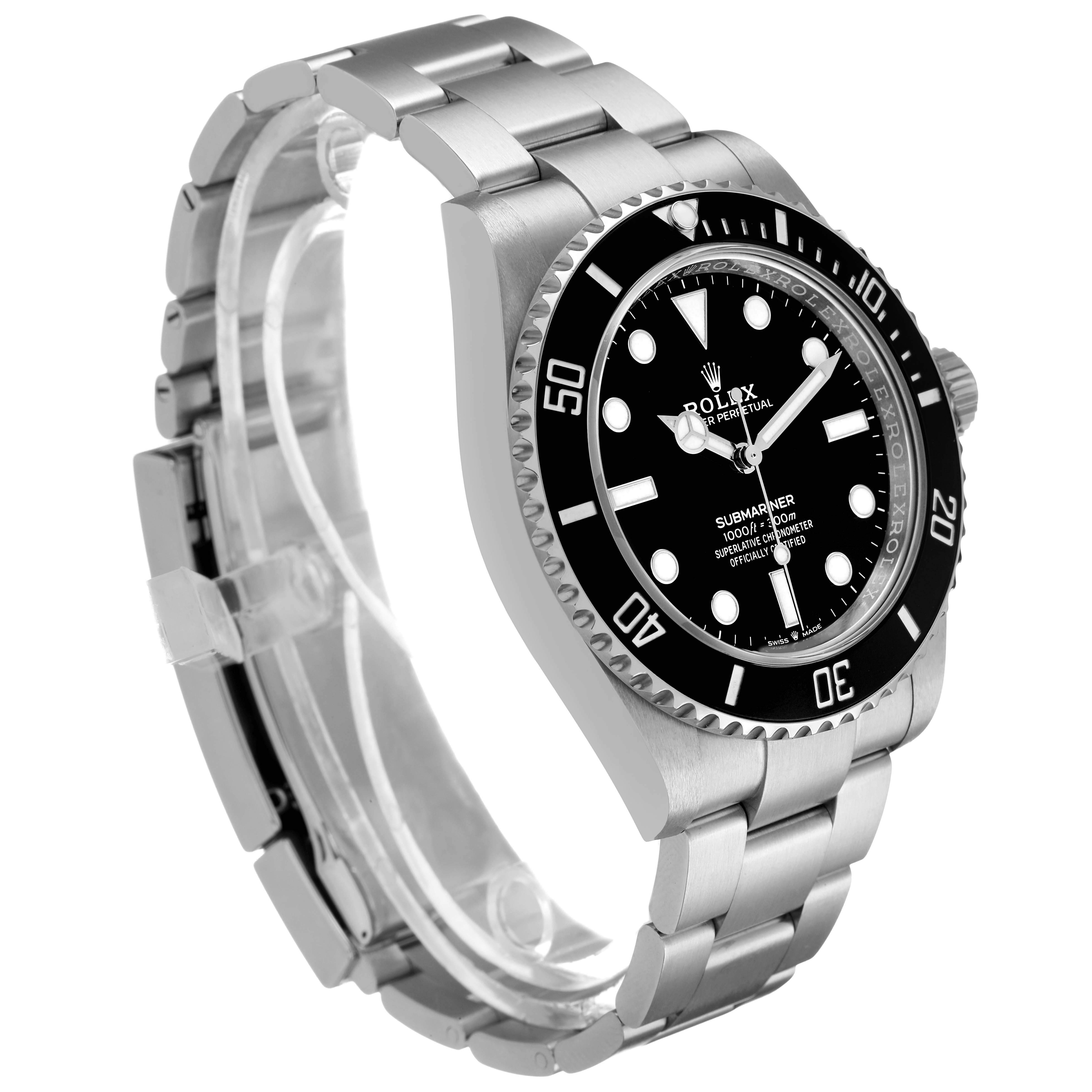 The Rolex Submariner 124060 Men's Stainless Steel Black Dial watch is shown at an angled front view, displaying the dial, bezel, case, and bracelet.