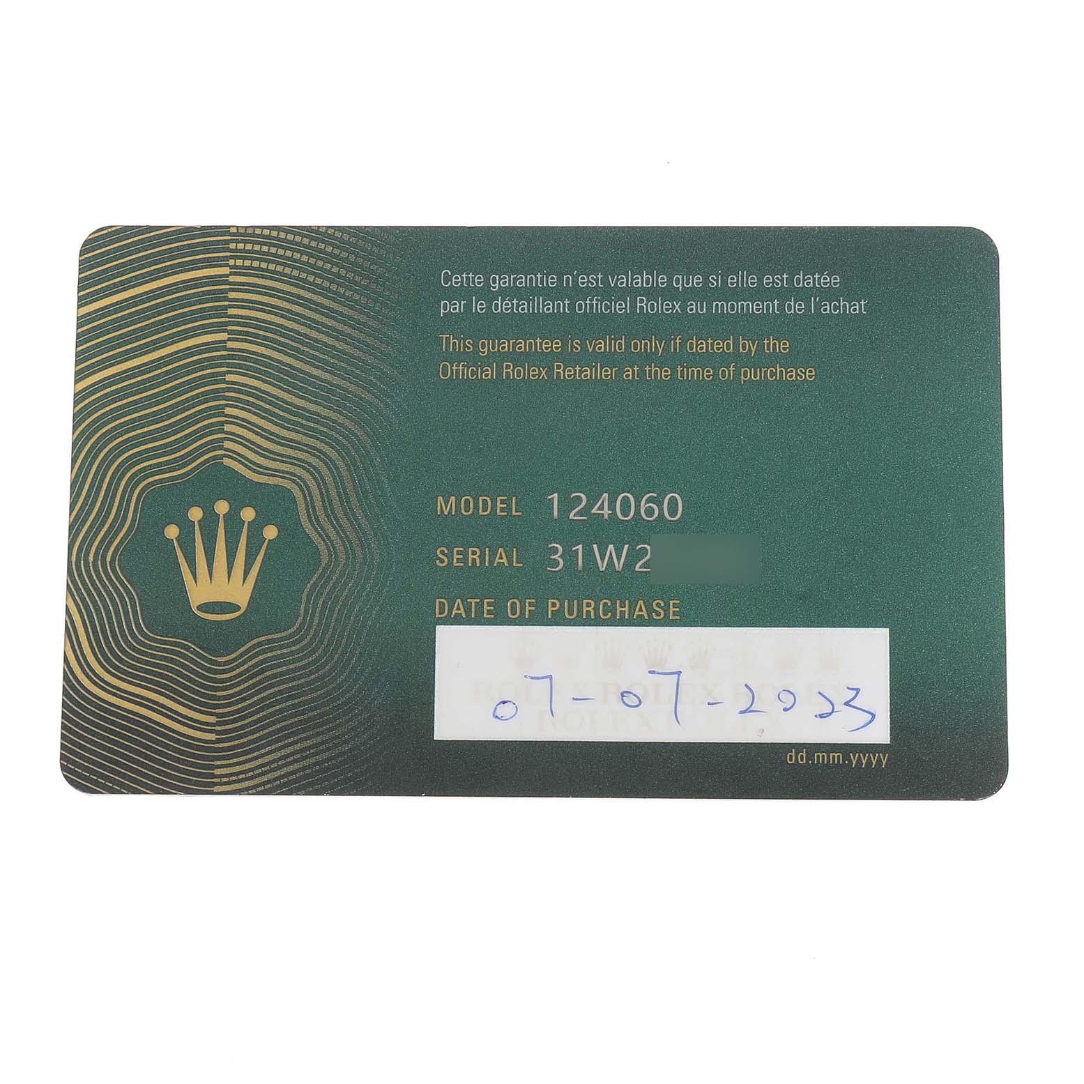 The image shows a guarantee card for the Rolex Submariner 124060 Men's Stainless Steel Black Dial model 124060, displaying the model, serial number, and purchase date.