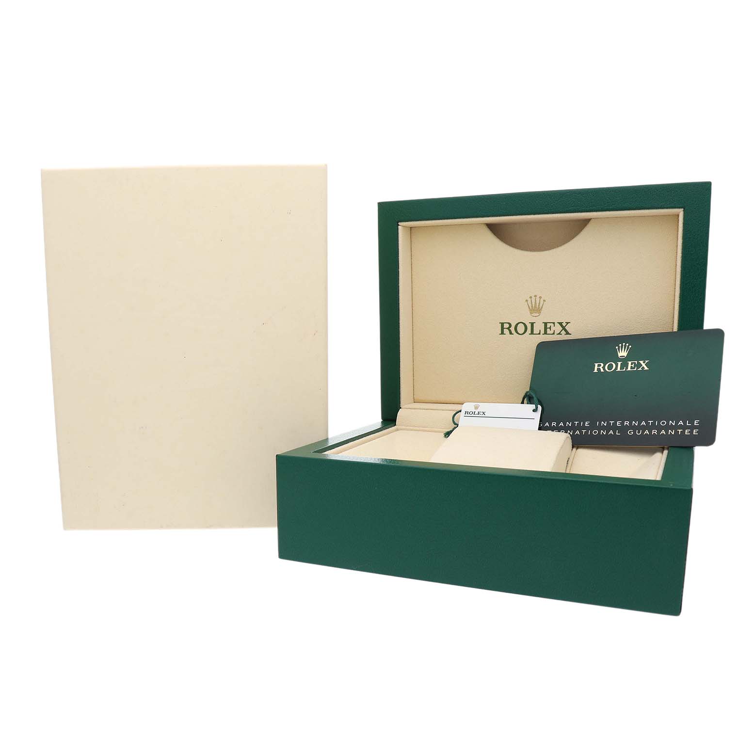 The image shows a Rolex Submariner 124060 Men's Stainless Steel Black Dial packaging box, warranty card, and inner cushion from an angled overhead view.