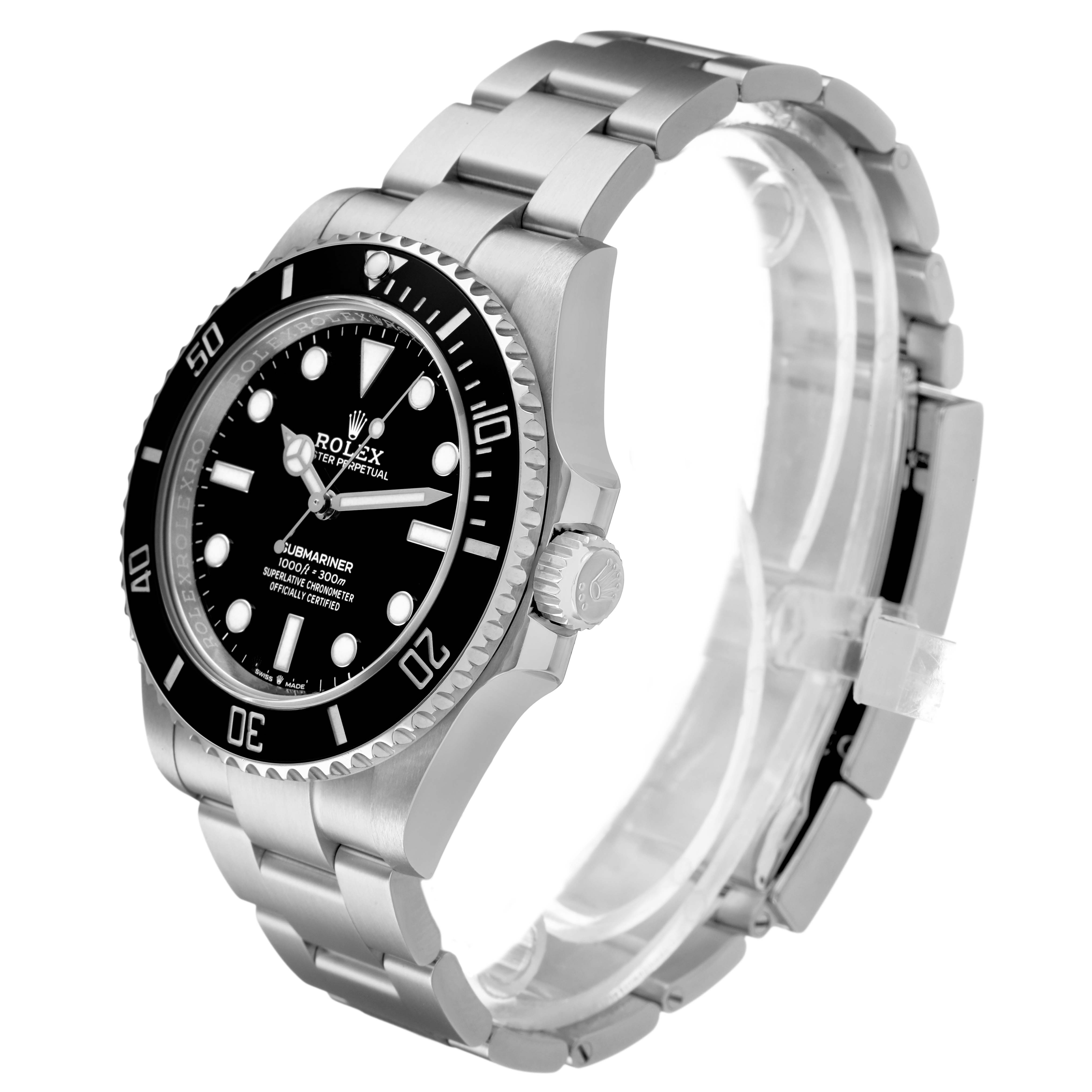 The Rolex Submariner 124060 Men's Stainless Steel Black Dial watch is shown at an angled side view, highlighting the bezel, dial, crown, and bracelet.
