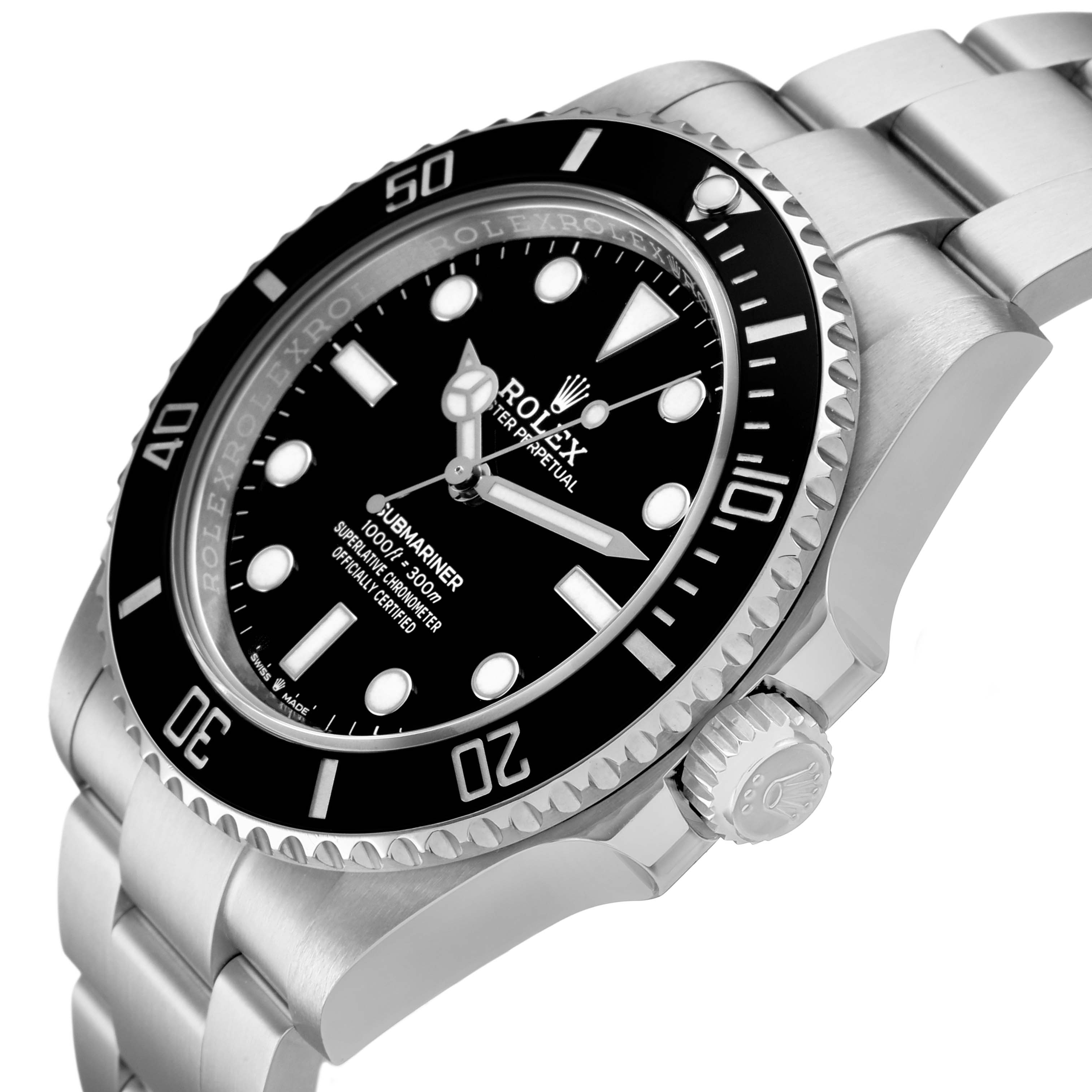 The Rolex Submariner 124060 Men's Stainless Steel Black Dial watch is shown at an angle highlighting the face, bezel, and part of the bracelet.