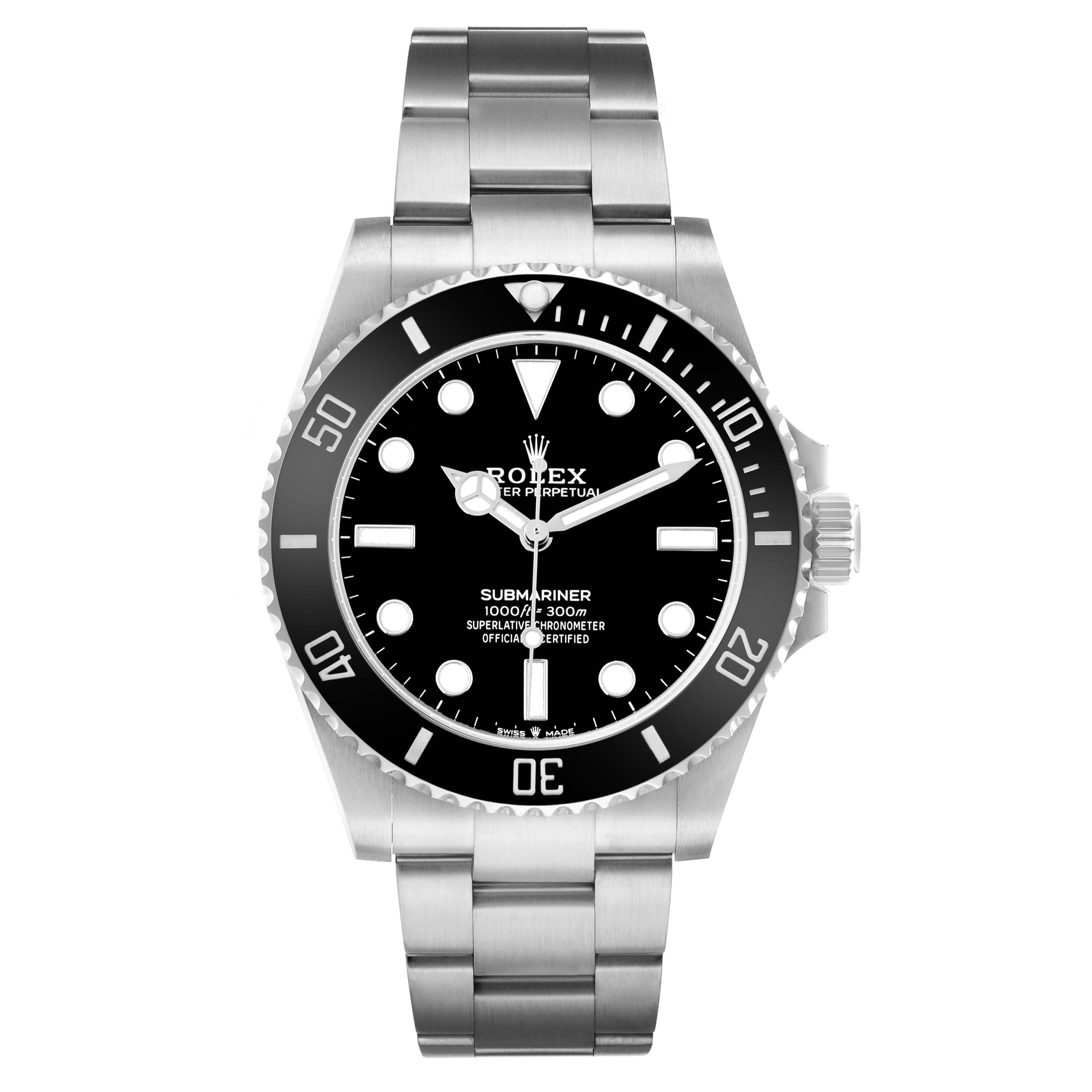 The Rolex Submariner 124060 Men's Stainless Steel Black Dial watch is shown from a front angle, displaying the face, bezel, dial, and bracelet.