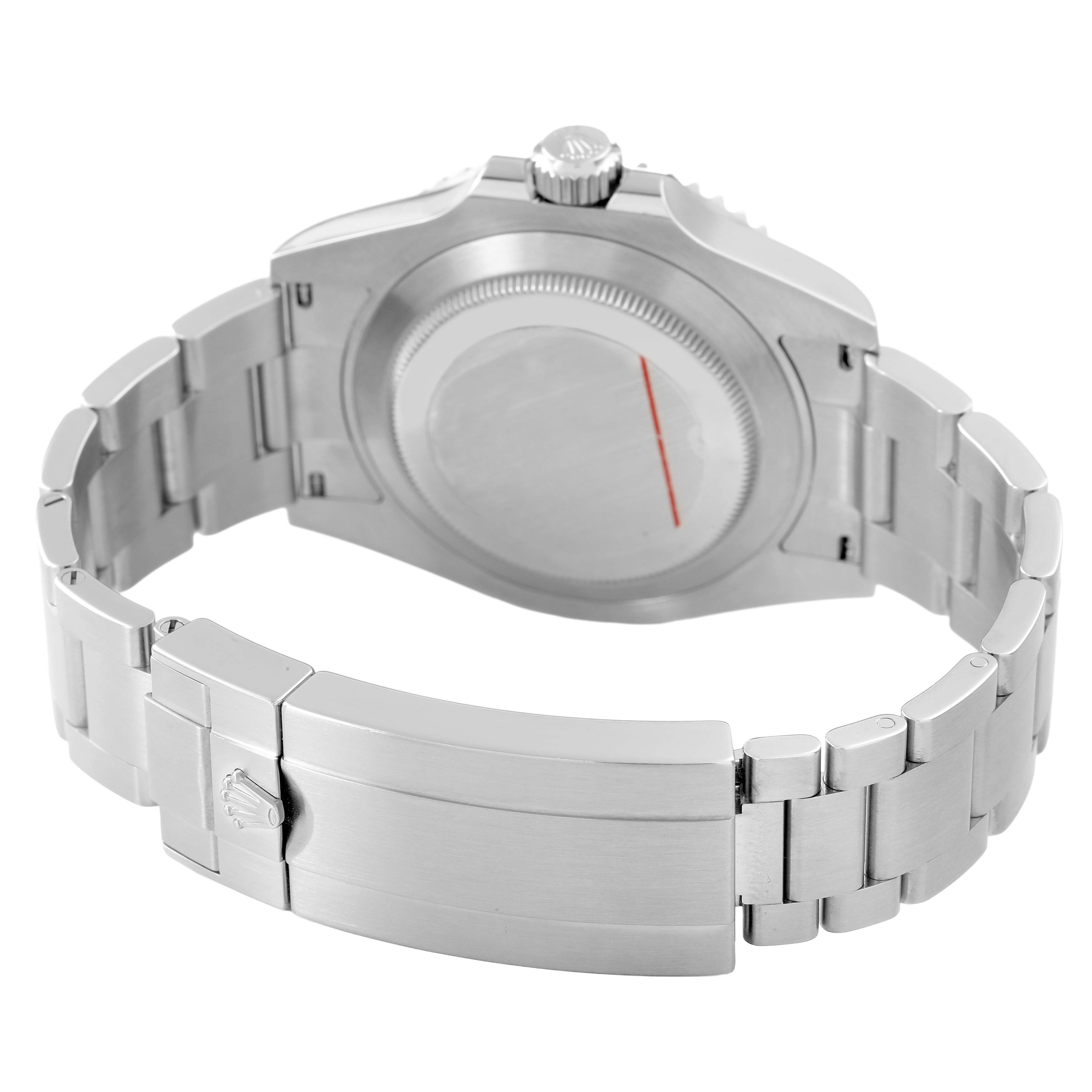 The image shows the back of the Rolex Submariner 124060 Men's Stainless Steel Black Dial, focusing on its case back and metal bracelet clasp.