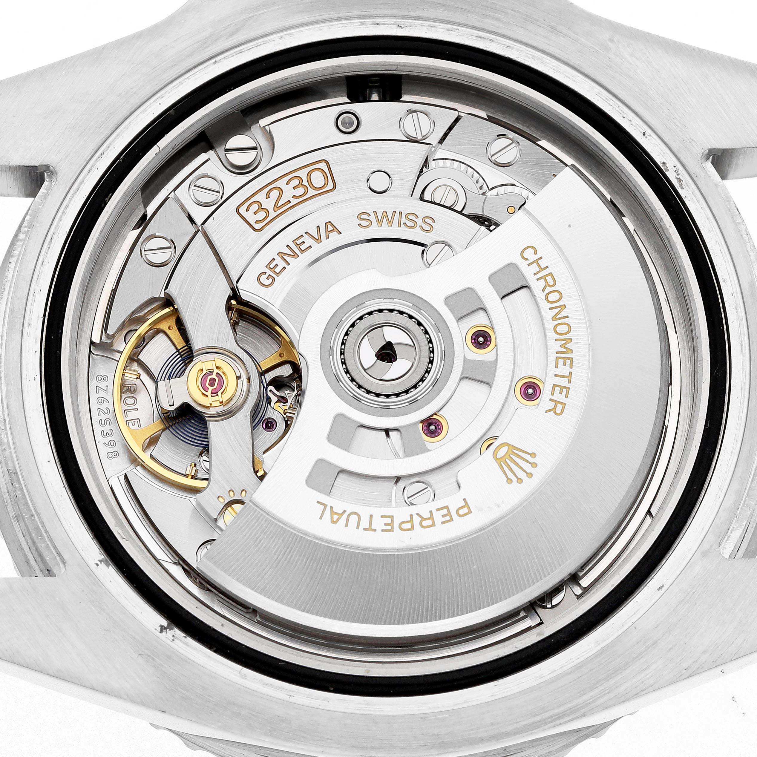 The image shows the movement of a Rolex Submariner 124060 Men's Stainless Steel Black Dial, revealing its intricate internal components from the back.