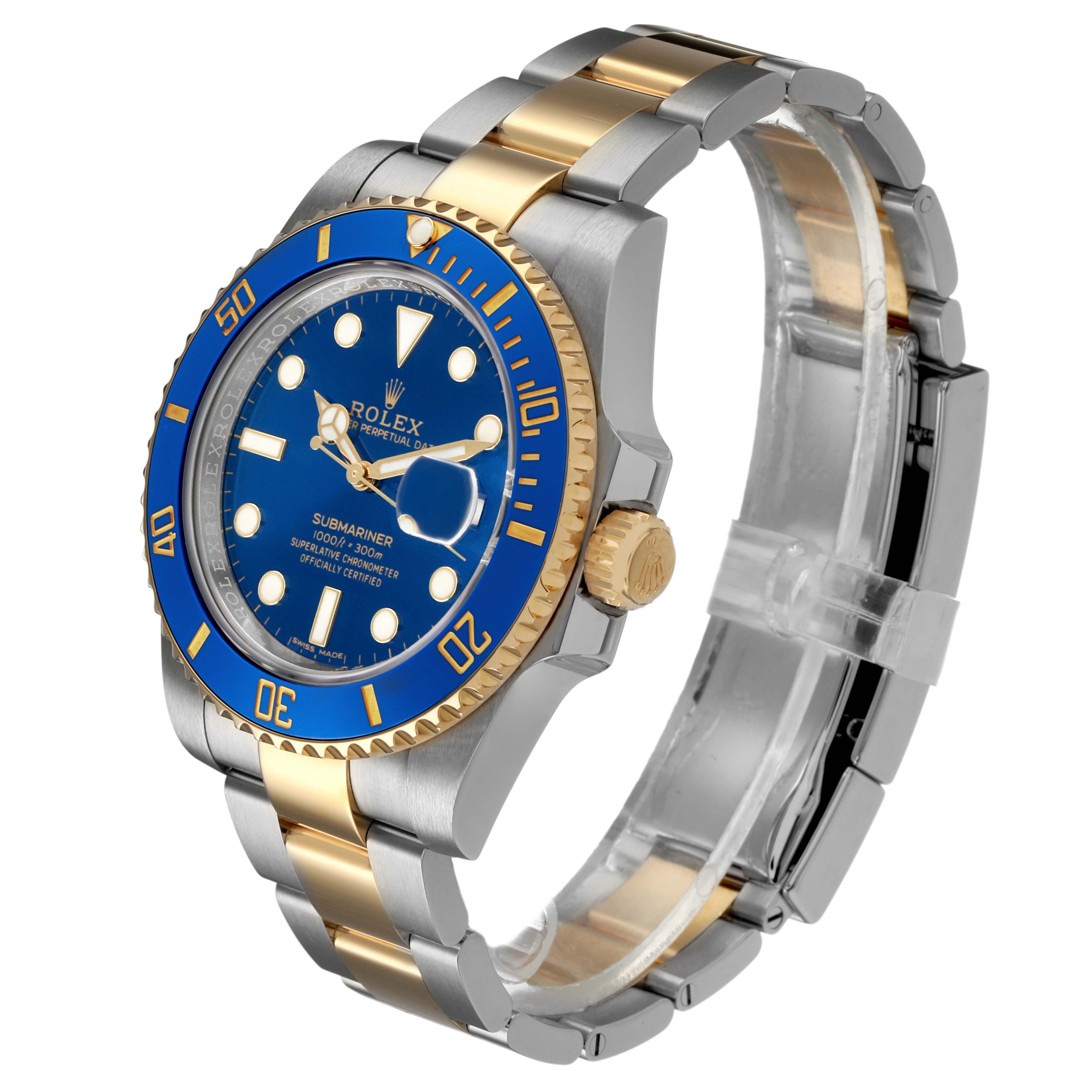 The Rolex Submariner 116613 Men's Steel and Gold (two tone) Blue Dial watch is shown at a three-quarter angle, displaying the blue dial, bezel, case, and two-tone bracelet.