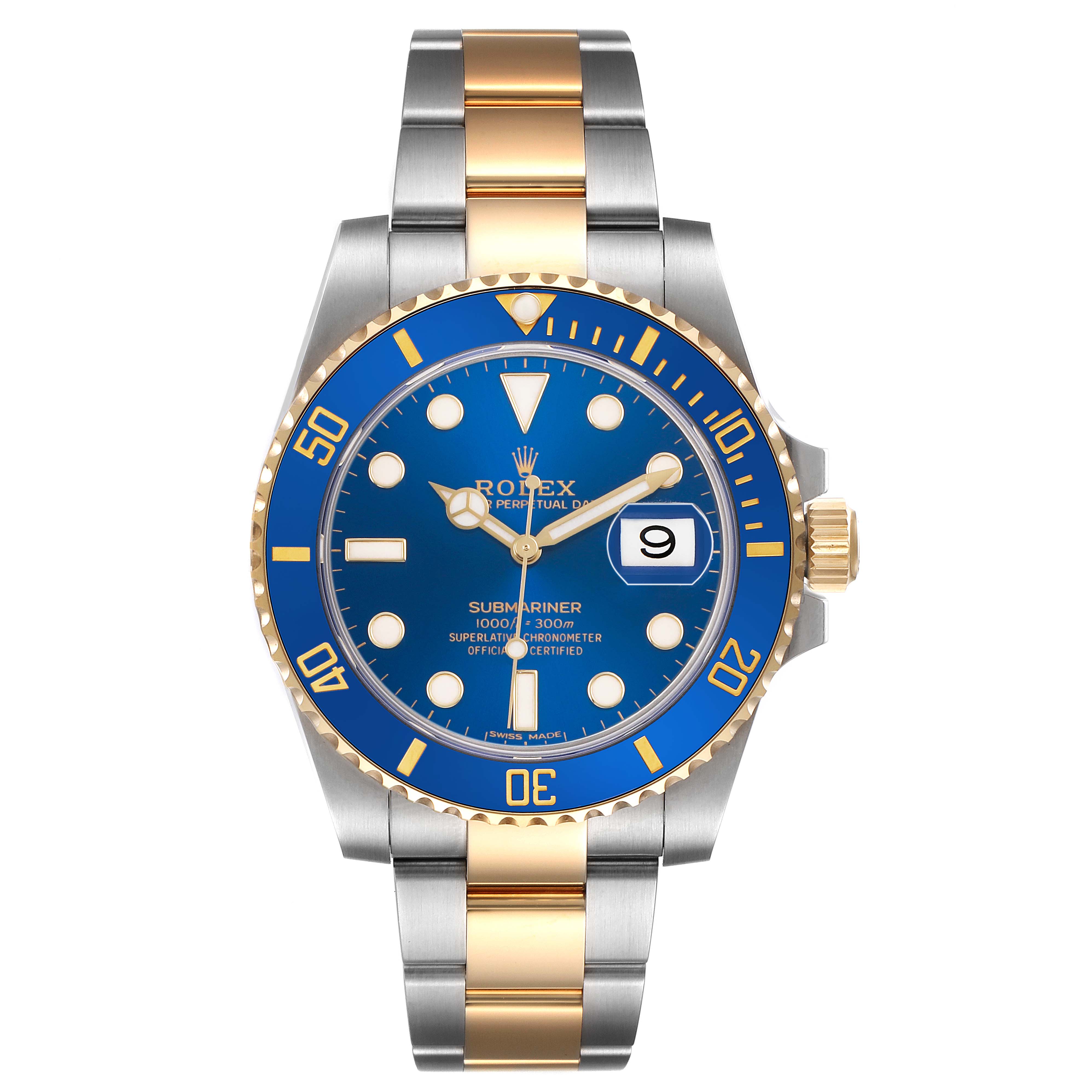 The Rolex Submariner 116613 Men's Steel and Gold (two tone) Blue Dial is shown from the front, displaying the dial, bezel, bracelet, and date window.