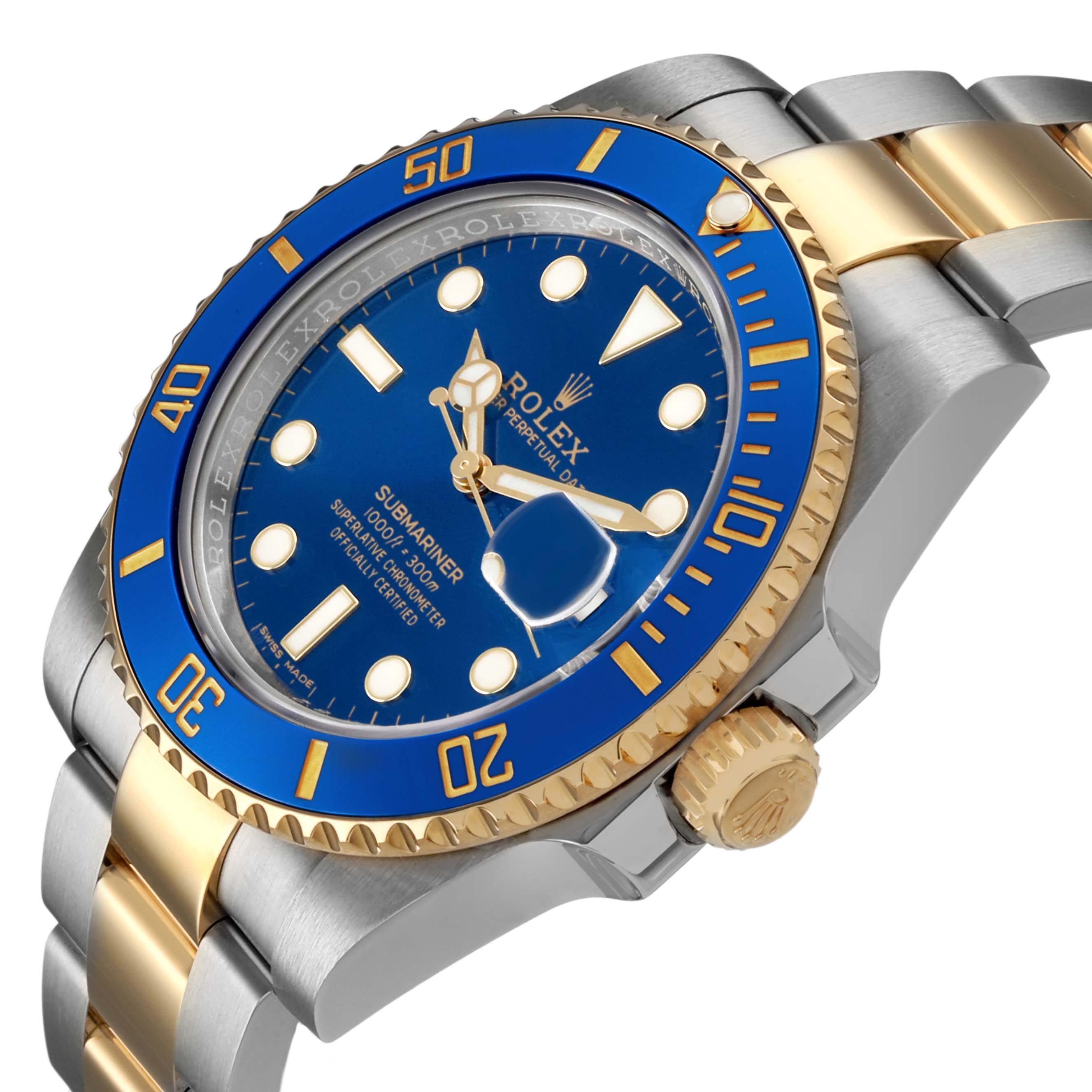 The Rolex Submariner 116613 Men's Steel and Gold (two tone) Blue Dial watch is shown at an oblique angle, highlighting the blue bezel, crown, dial, and metal bracelet.