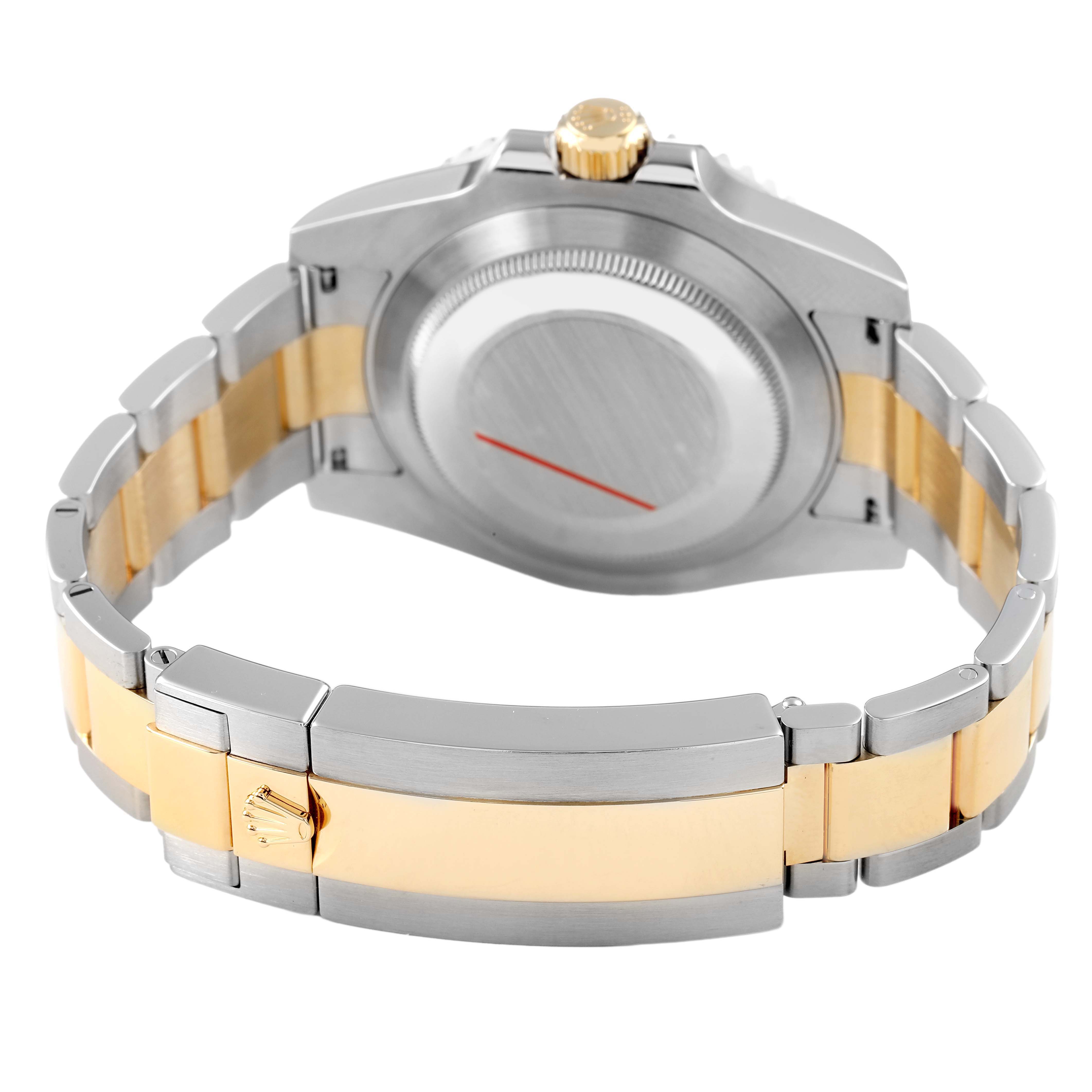 The image shows the back, bracelet, and clasp of a Rolex Submariner 116613 Men's Steel and Gold (two tone) Blue Dial watch, highlighting its two-tone metal finish.