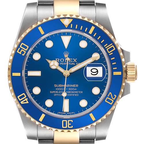 The Rolex Submariner 116613 Men's Steel and Gold (two tone) Blue Dial watch is shown from a front angle, featuring the dial, bezel, crown, and partial bracelet.