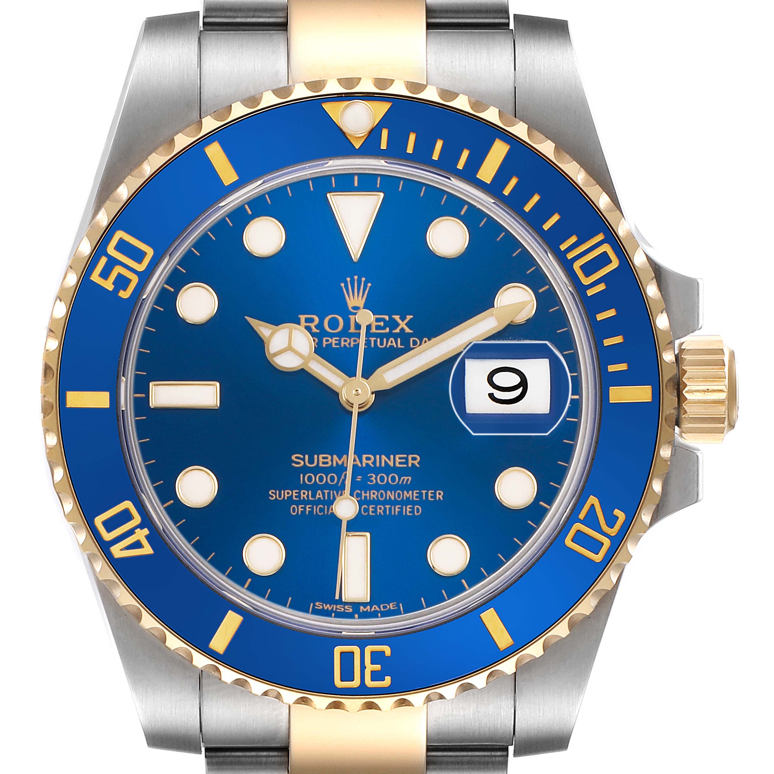 The Rolex Submariner 116613 Men's Steel and Gold (two tone) Blue Dial watch is shown from a front angle, highlighting its blue dial, gold bezel, and bracelet.