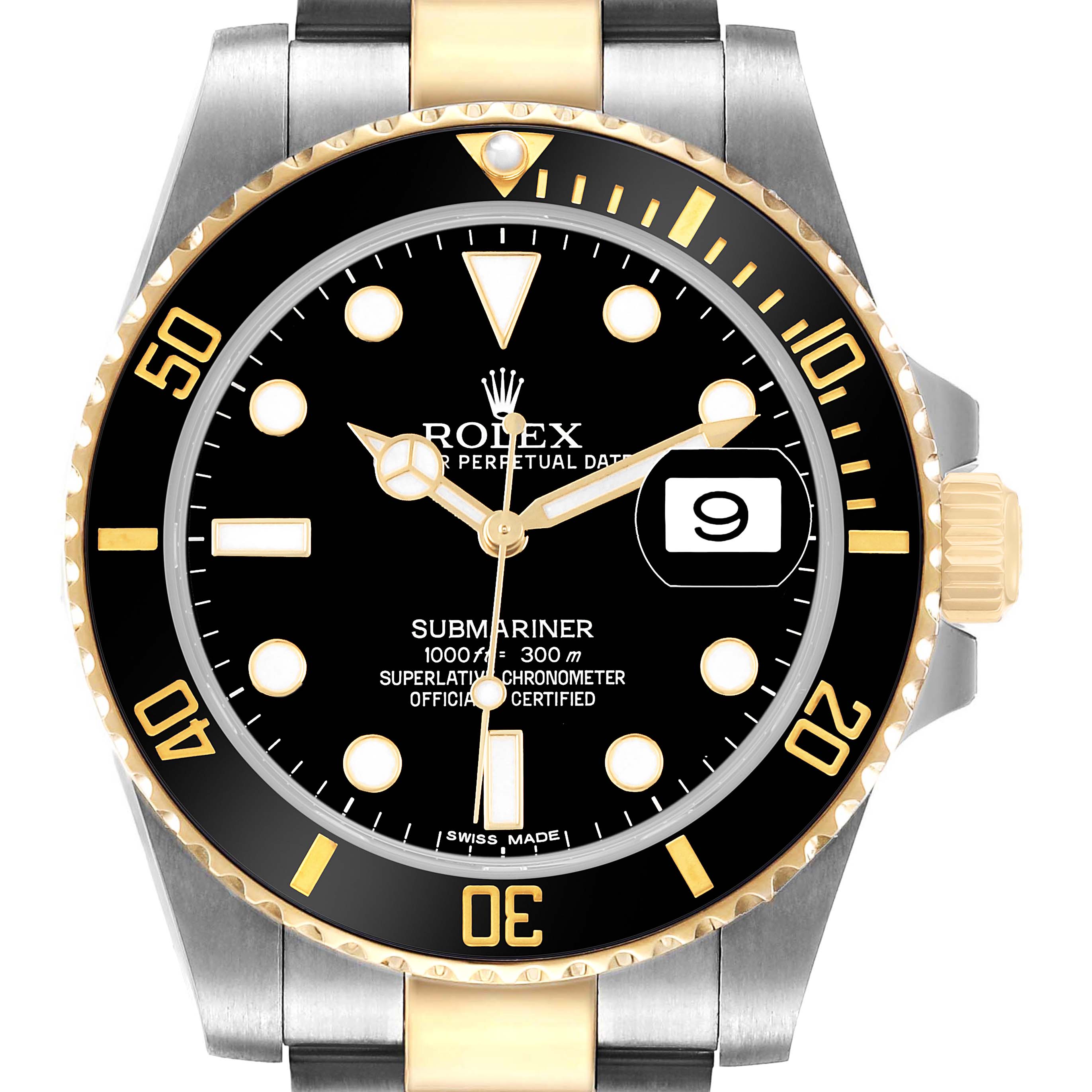 The image shows a front view of the Rolex Submariner 116613 Men's Steel and Gold (two tone) Black Dial, highlighting the dial, bezel, and crown.