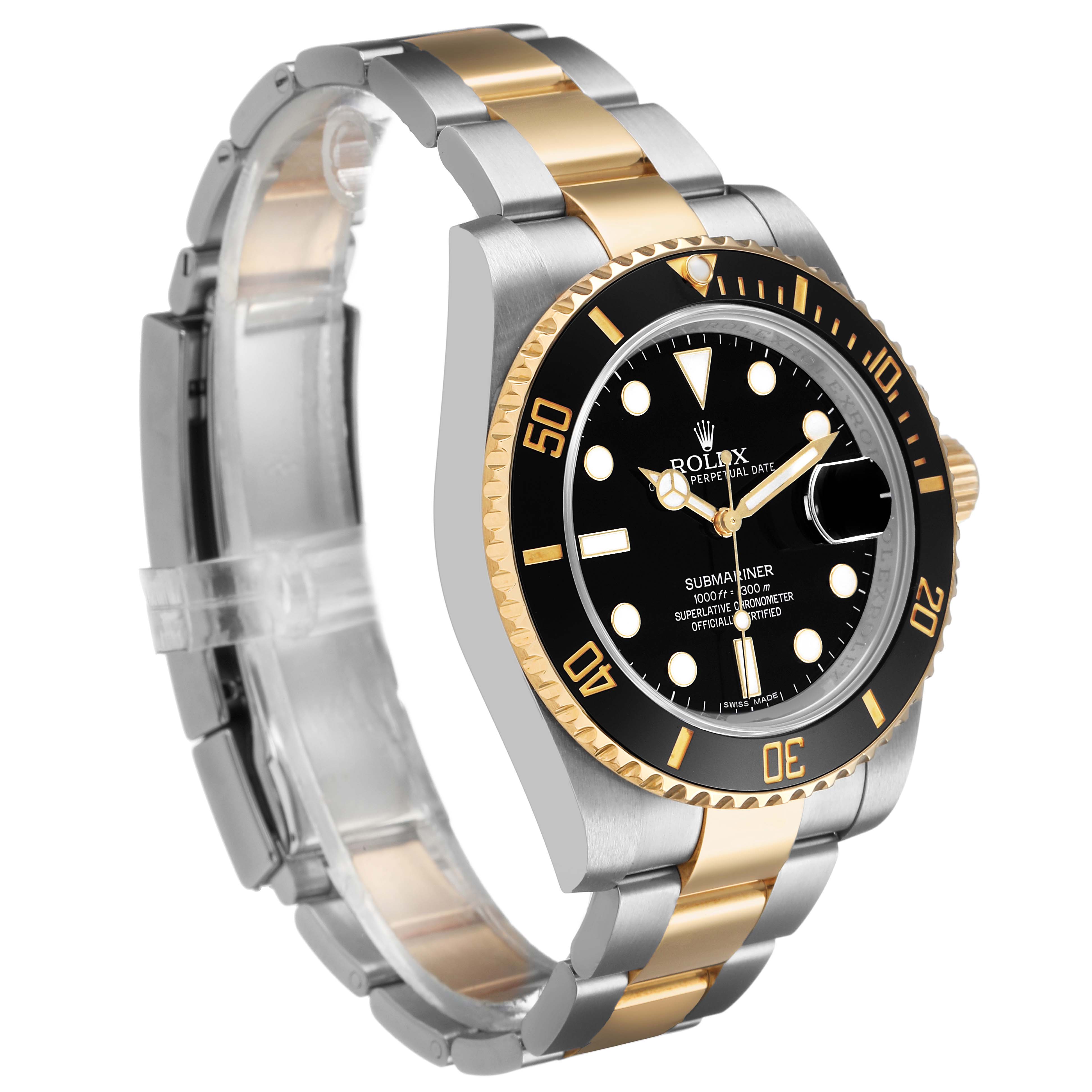 The Rolex Submariner 116613 Men's Steel and Gold (two tone) Black Dial watch is shown at a three-quarter angle, highlighting its black dial, gold bezel, and two-tone bracelet.