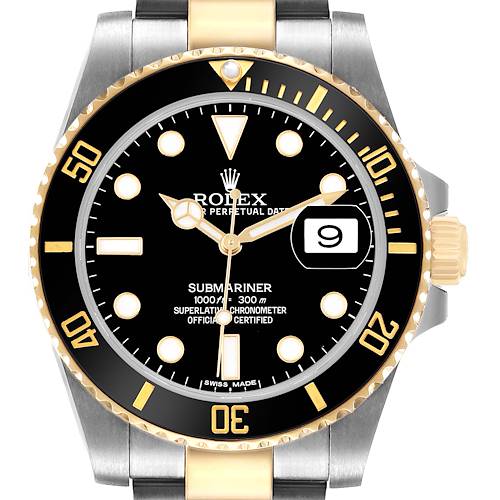 The Rolex Submariner 116613 Men's Steel and Gold (two tone) Black Dial watch is shown from the front, displaying its dial, bezel, and part of the bracelet.