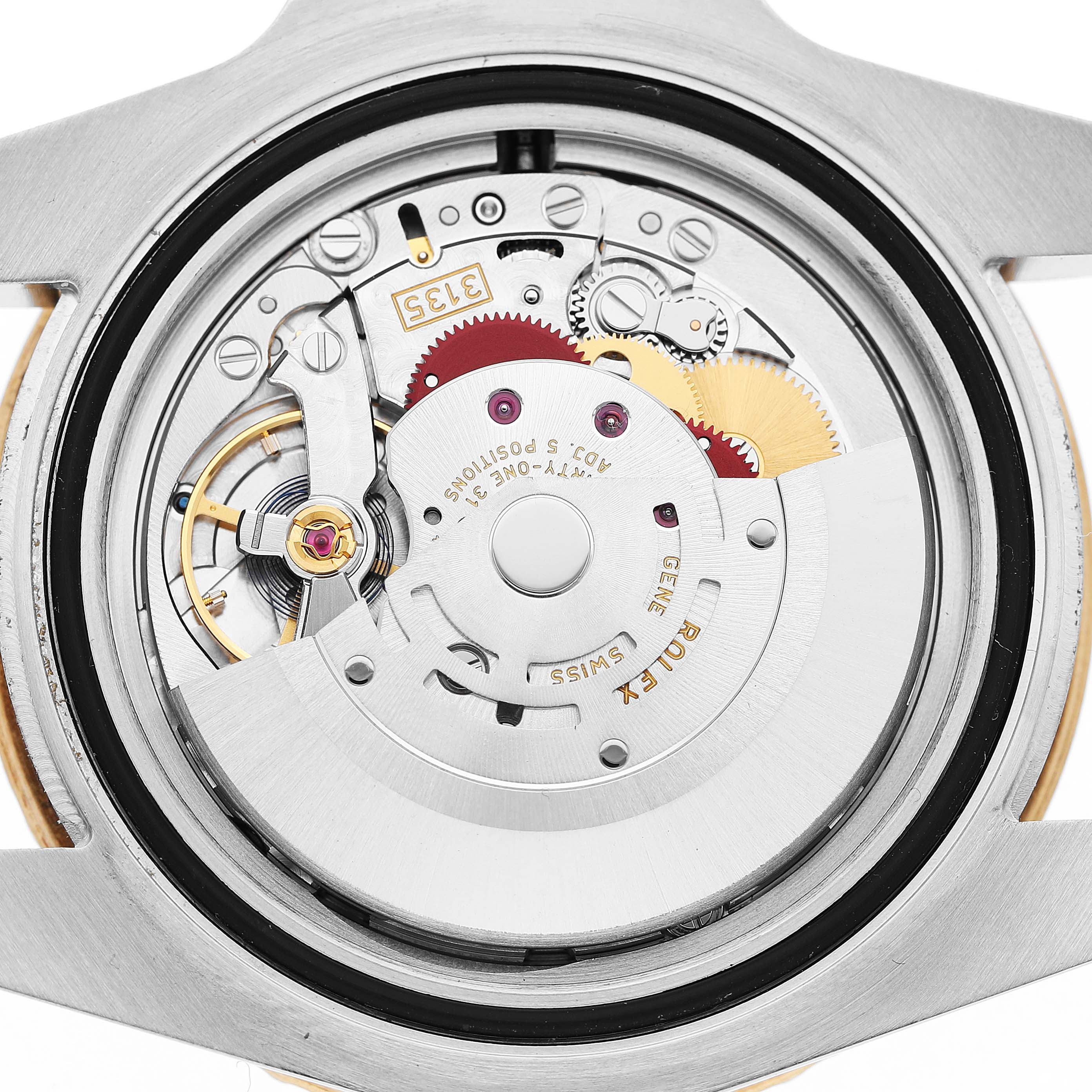 The image shows the movement of a Rolex Submariner 116613 Men's Steel and Gold (two tone) Black Dial watch from the back, highlighting its intricate gears and components.