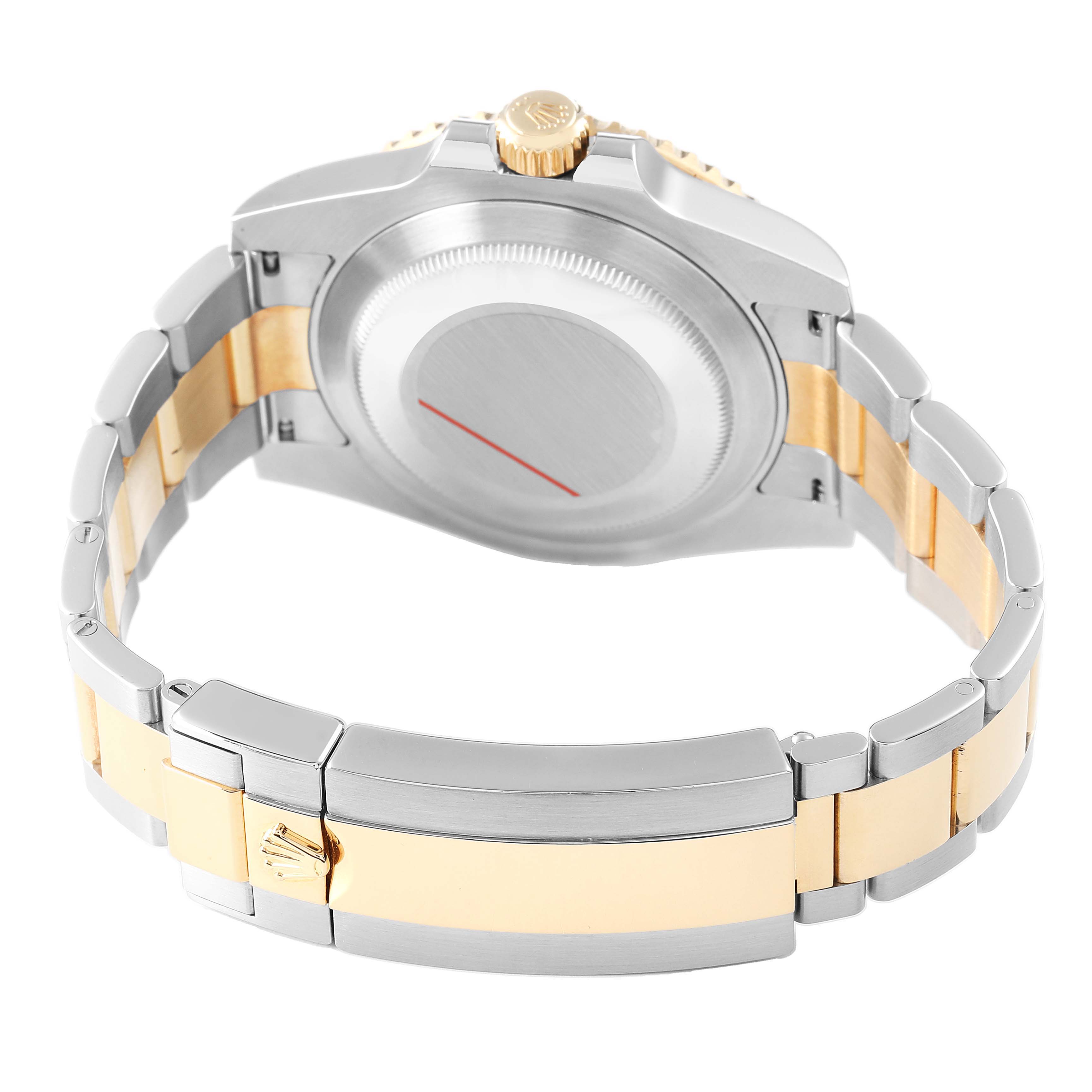 The image shows the back case, crown, and two-tone bracelet of a Rolex Submariner 116613 Men's Steel and Gold (two tone) Black Dial watch from a rear angle.