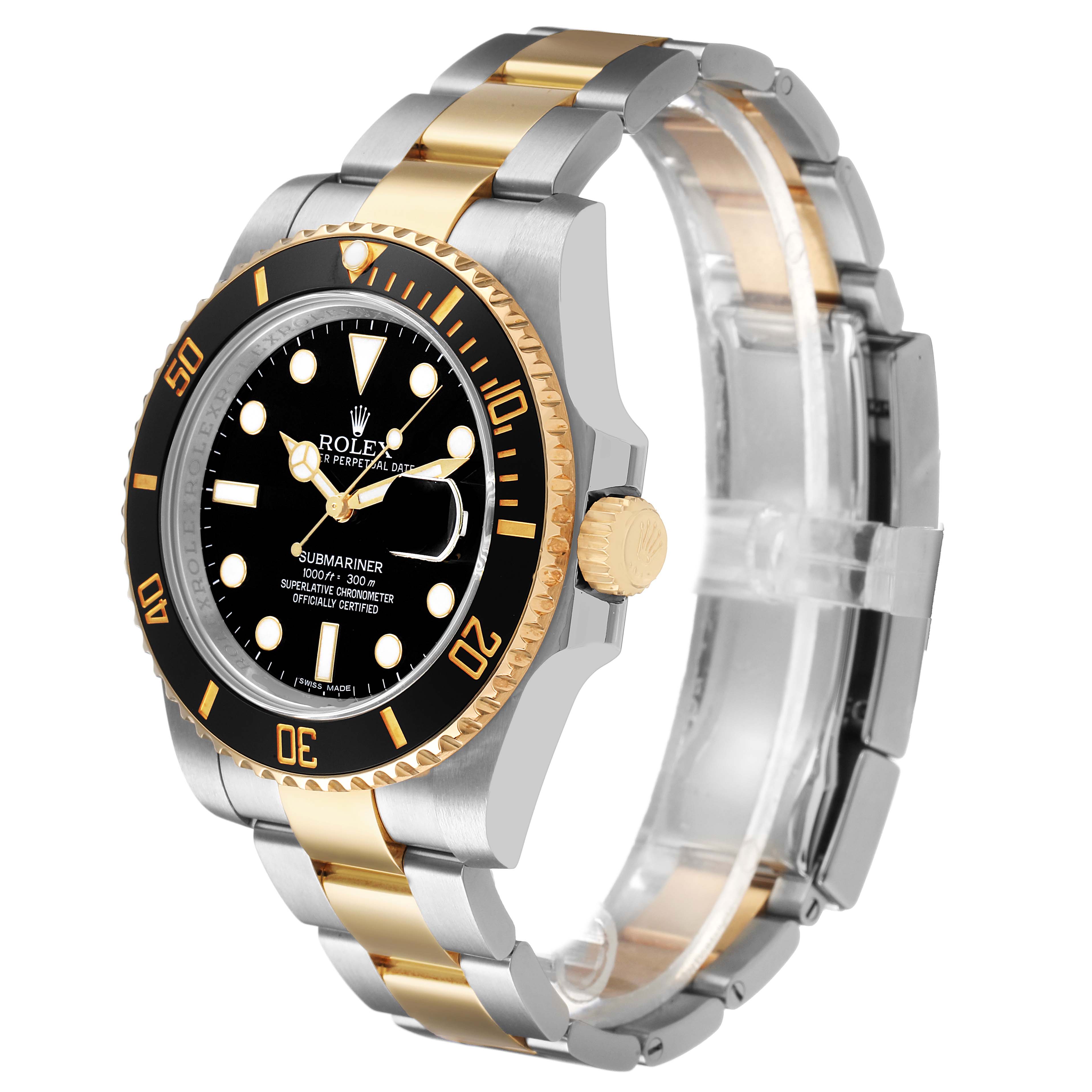 The Rolex Submariner 116613 Men's Steel and Gold (two tone) Black Dial watch is shown from a three-quarter angle, displaying the dial, bezel, and two-tone bracelet clearly.