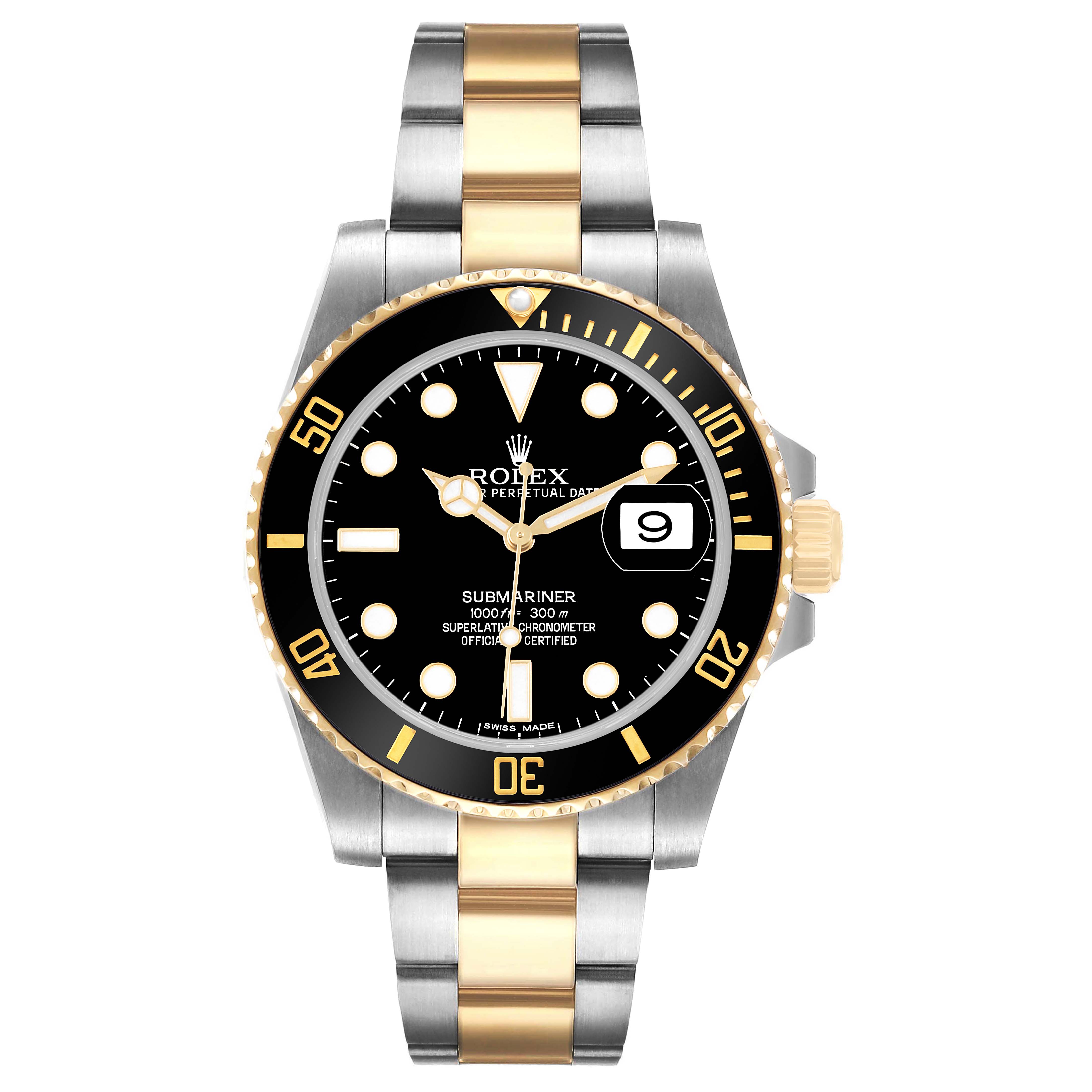 The Rolex Submariner 116613 Men's Steel and Gold (two tone) Black Dial is shown from a front angle, displaying the dial, bezel, and bracelet with gold and silver elements.