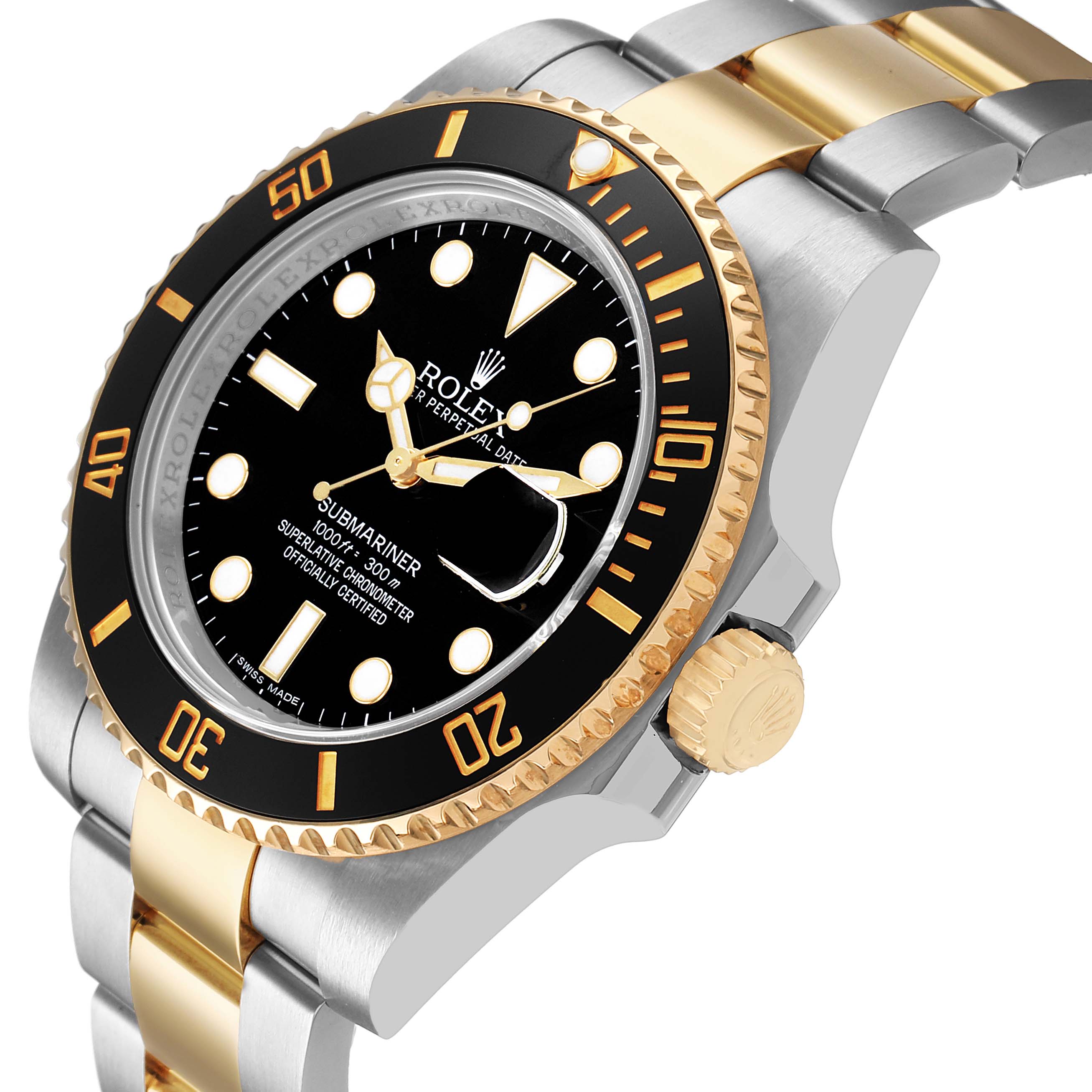 The image shows a Rolex Submariner 116613 Men's Steel and Gold (two tone) Black Dial from a three-quarter angle, highlighting the black and gold bezel, dial, crown, and two-tone bracelet.