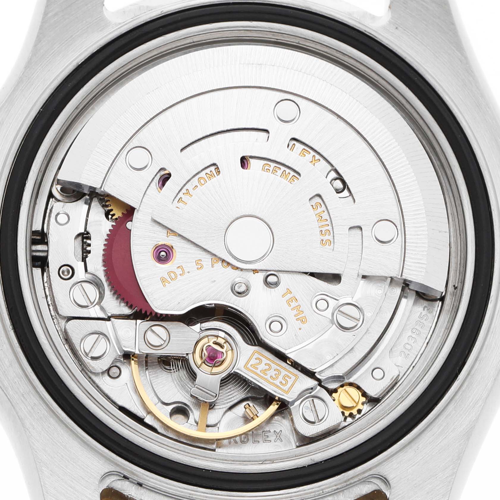 The image shows the rear view of a Rolex Yacht-Master 169623 Women's Steel and Gold (two tone) White Dial watch, focusing on its intricate movement and components.