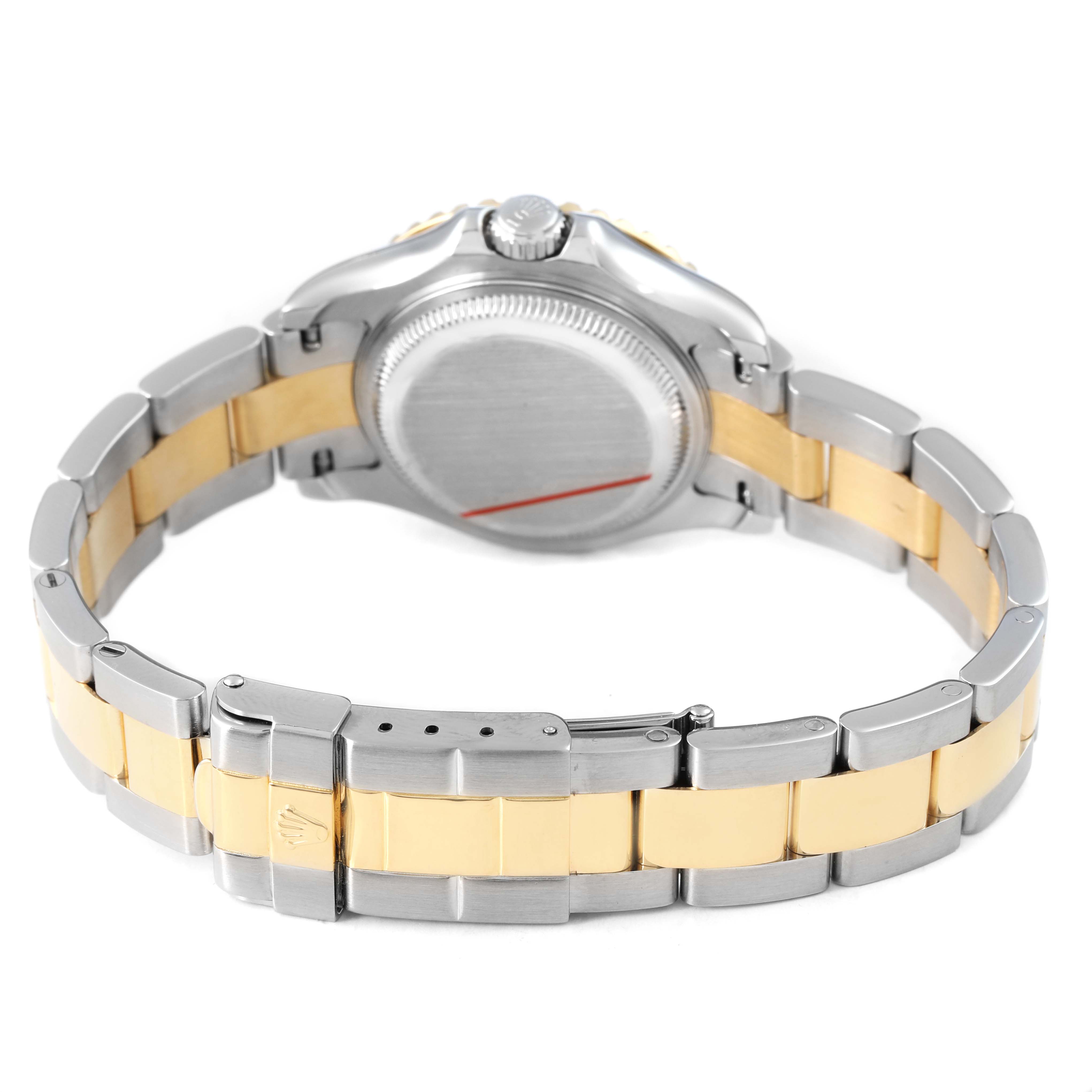 The image shows the back view of the Rolex Yacht-Master 169623 Women's Steel and Gold (two tone) White Dial watch, highlighting the case back and two-tone bracelet.