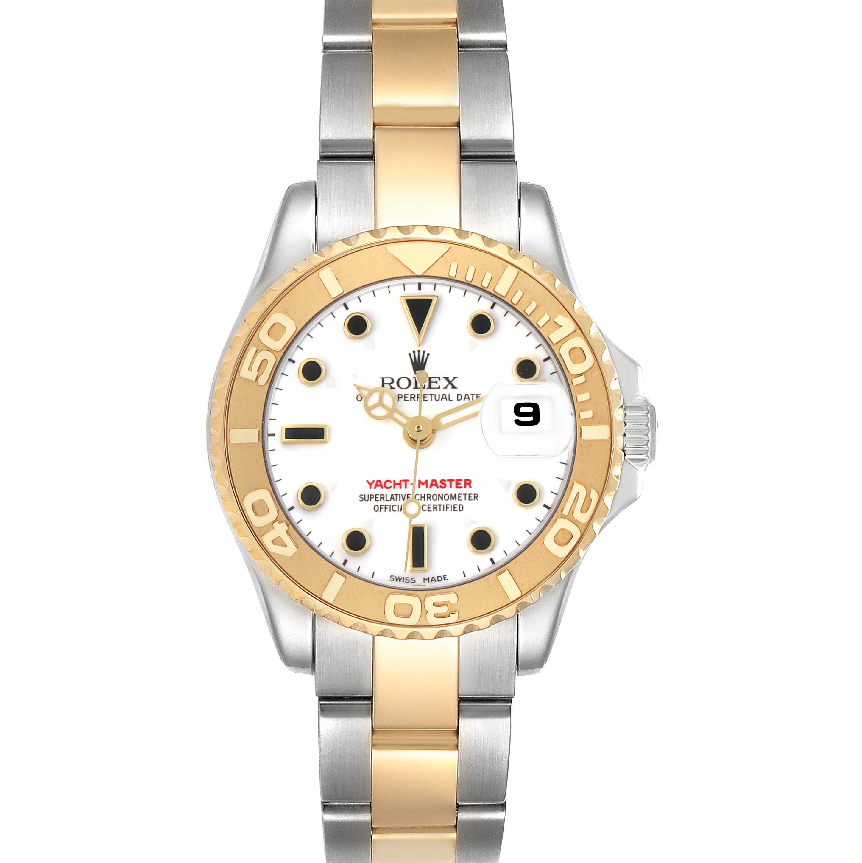 The Rolex Yacht-Master 169623 Women's Steel and Gold (two tone) White Dial watch is shown from the front, highlighting its bezel, dial, and bracelet.