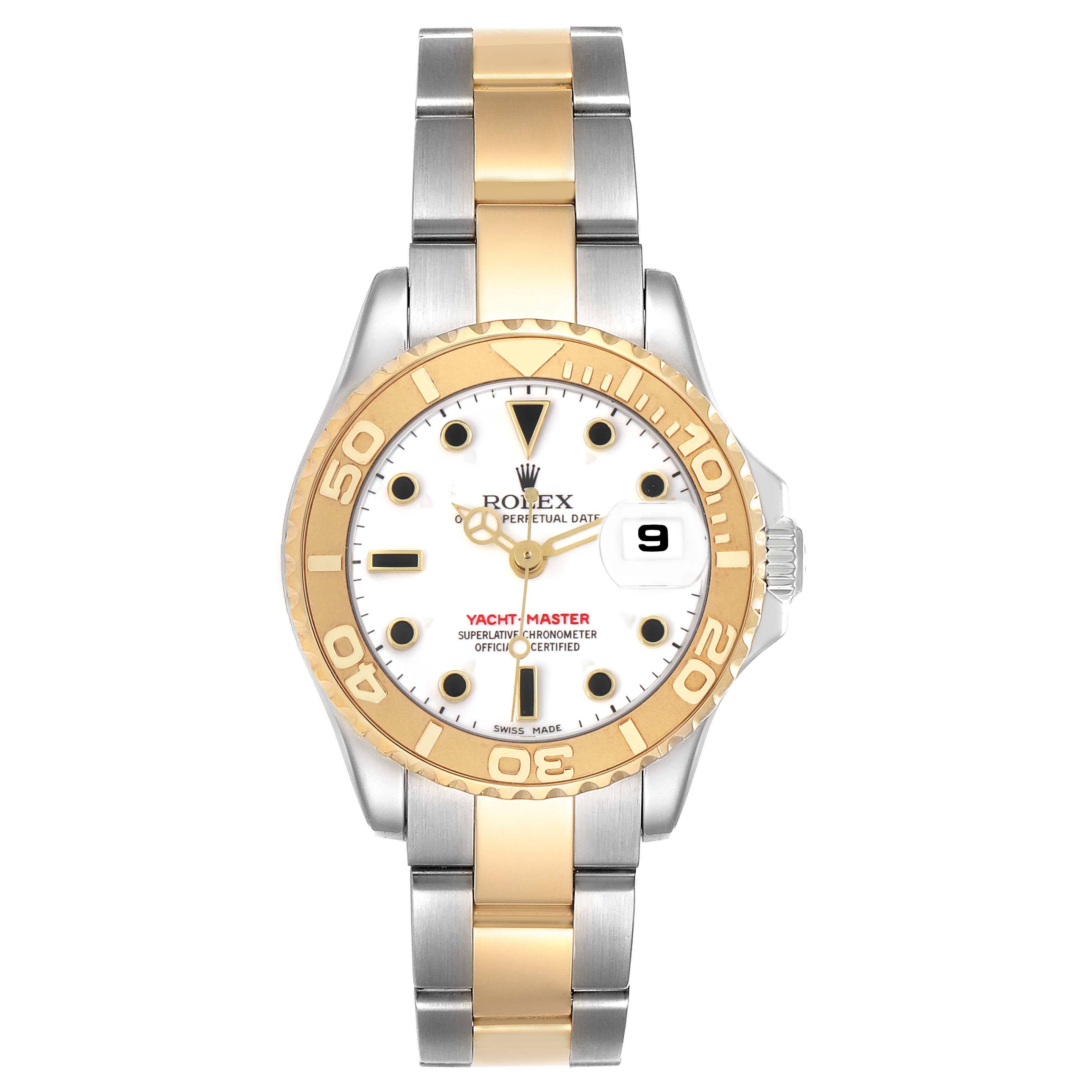 The Rolex Yacht-Master 169623 Women's Steel and Gold (two tone) White Dial watch is shown from the front, displaying its dial, bezel, and two-tone bracelet.