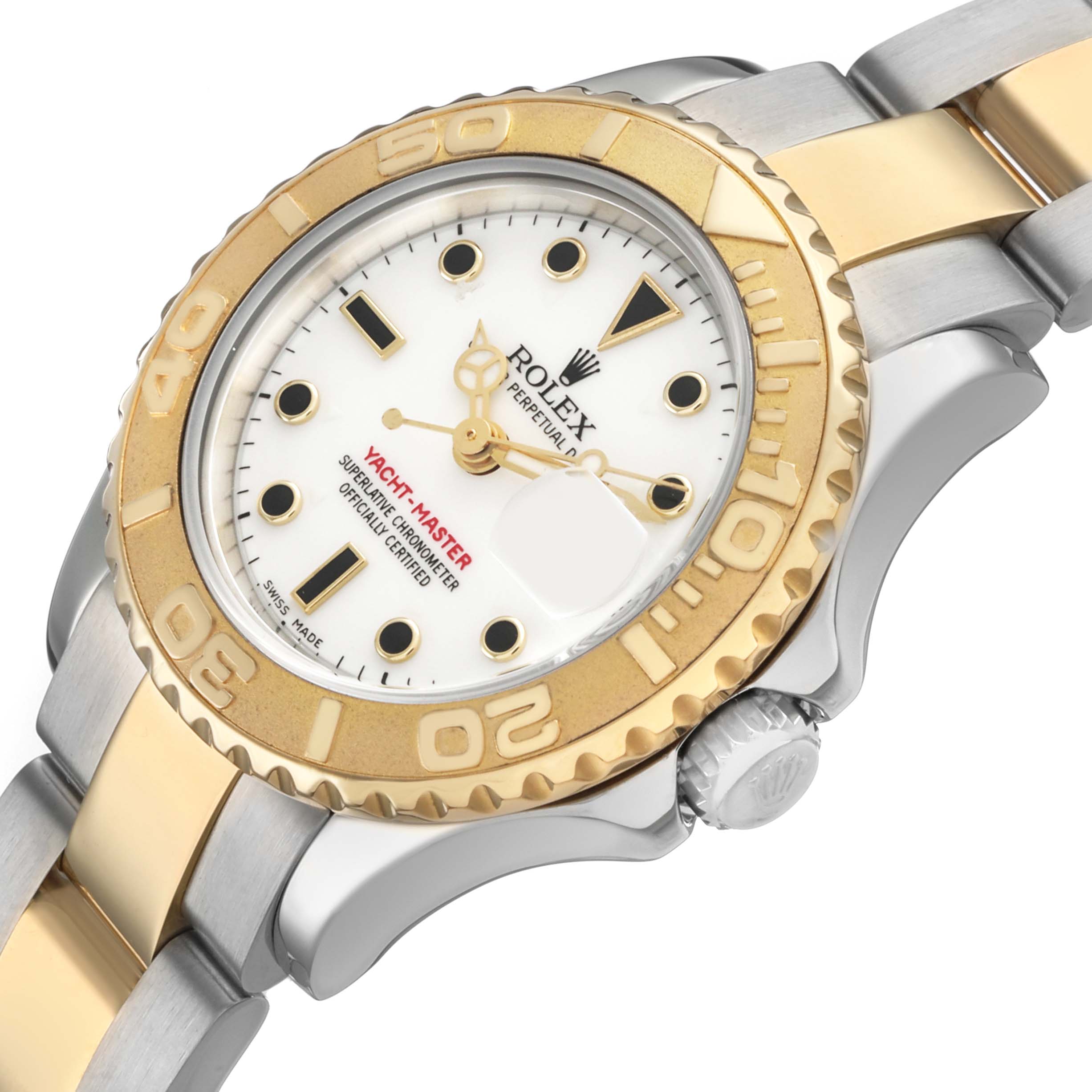 The Rolex Yacht-Master 169623 Women's Steel and Gold (two tone) White Dial watch is shown at a slight angle, highlighting the dial, bezel, crown, and part of the bracelet.