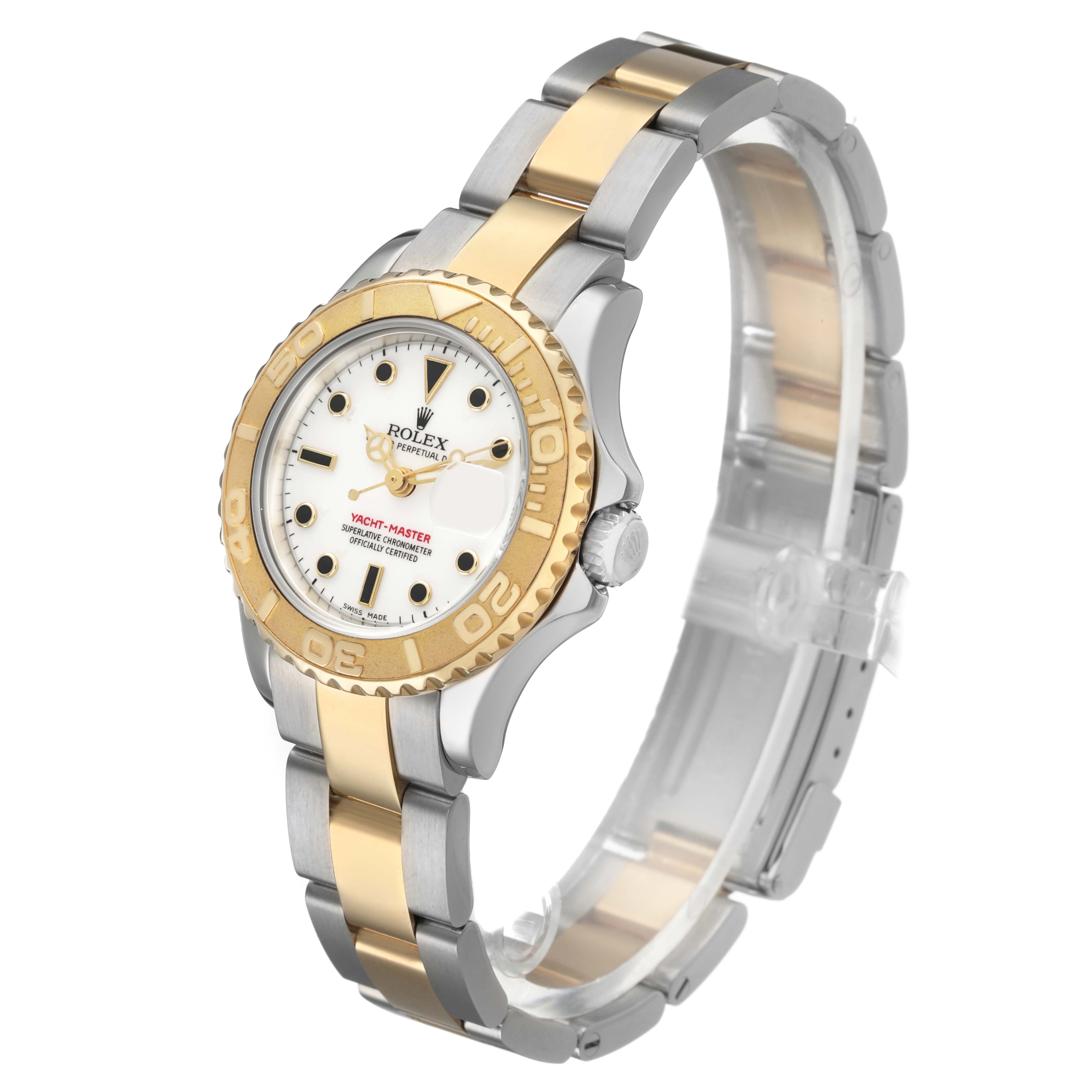 The Rolex Yacht-Master 169623 Women's Steel and Gold (two tone) White Dial is shown at an angled side view, highlighting its two-tone bracelet and bezel.