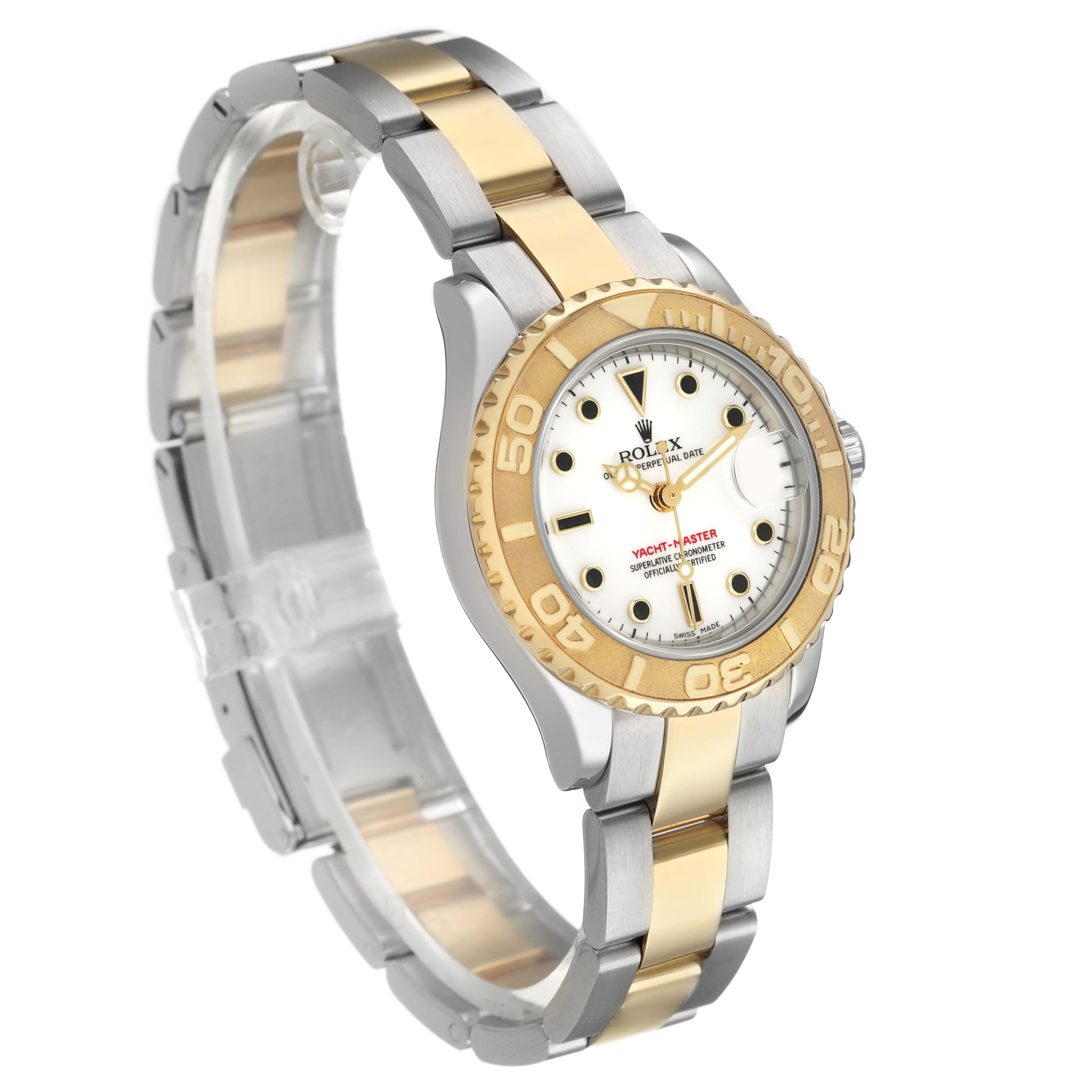 The Rolex Yacht-Master 169623 Women's Steel and Gold (two tone) White Dial watch is shown at a side angle, displaying the dial, bezel, and bracelet.