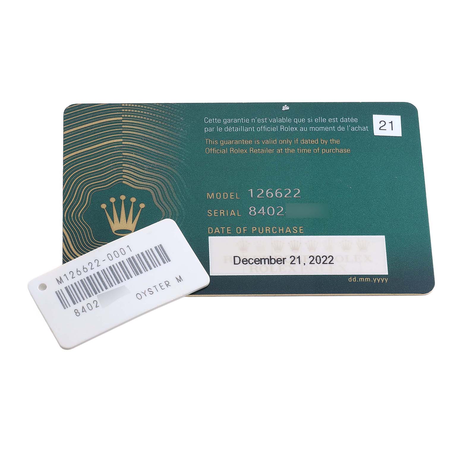 The image shows the warranty card and tag for a Rolex Yacht-Master 126622 Men's Stainless Steel Silver Dial, model number 126622.