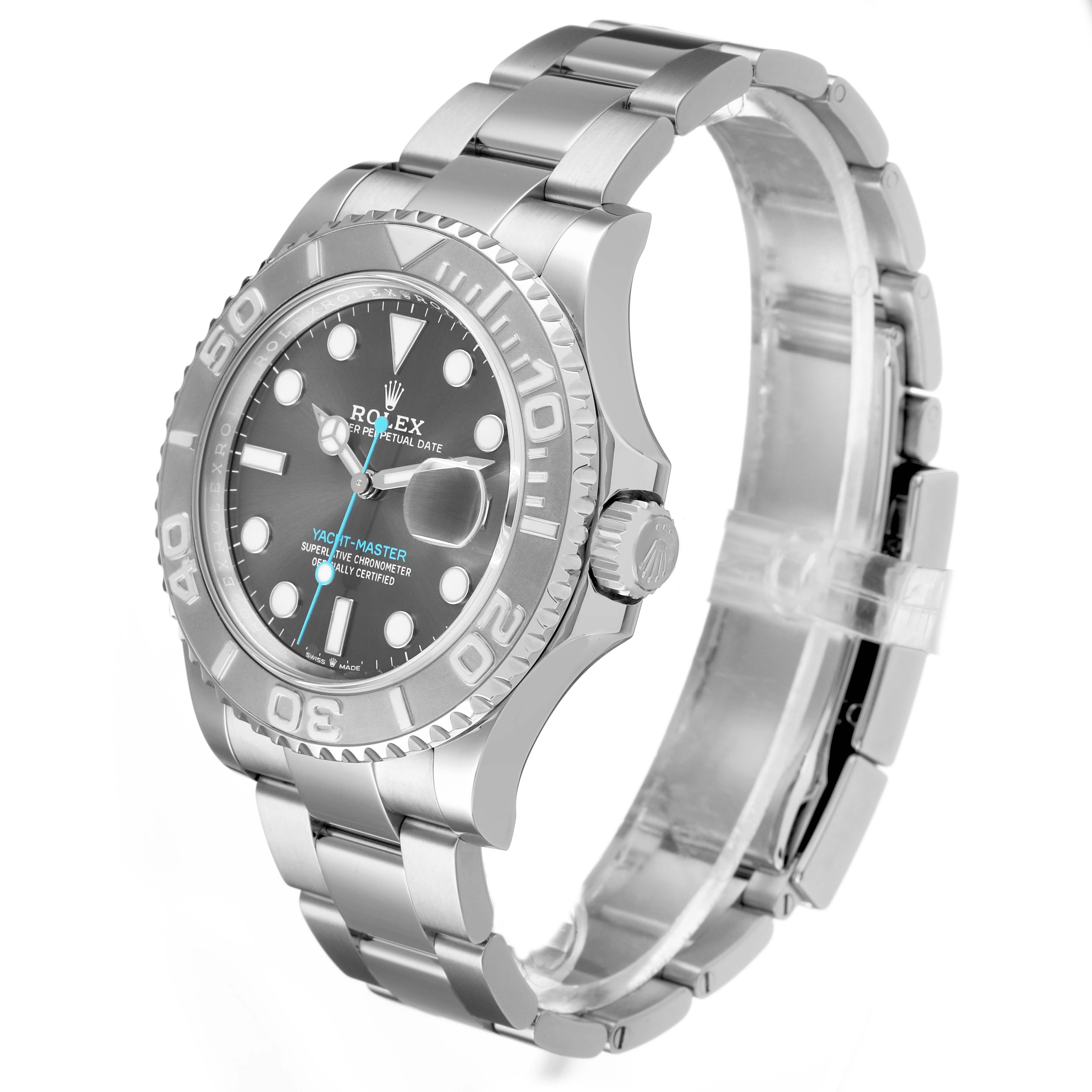 The Rolex Yacht-Master 126622 Men's Stainless Steel Silver Dial watch is shown at a side angle, displaying the face, bezel, crown, and bracelet.