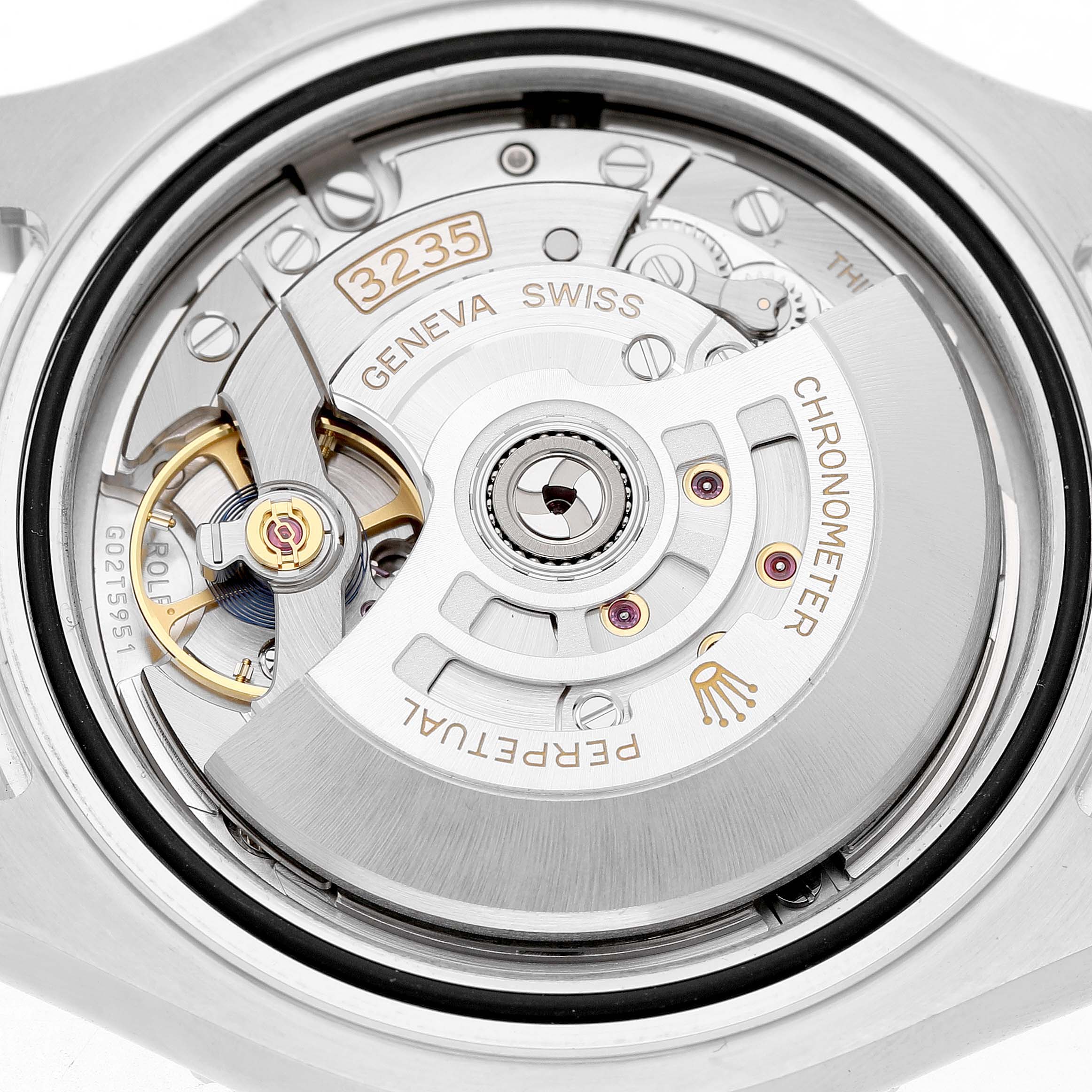 The image shows the open case back of a Rolex Yacht-Master 126622 Men's Stainless Steel Silver Dial, revealing the mechanical movement.