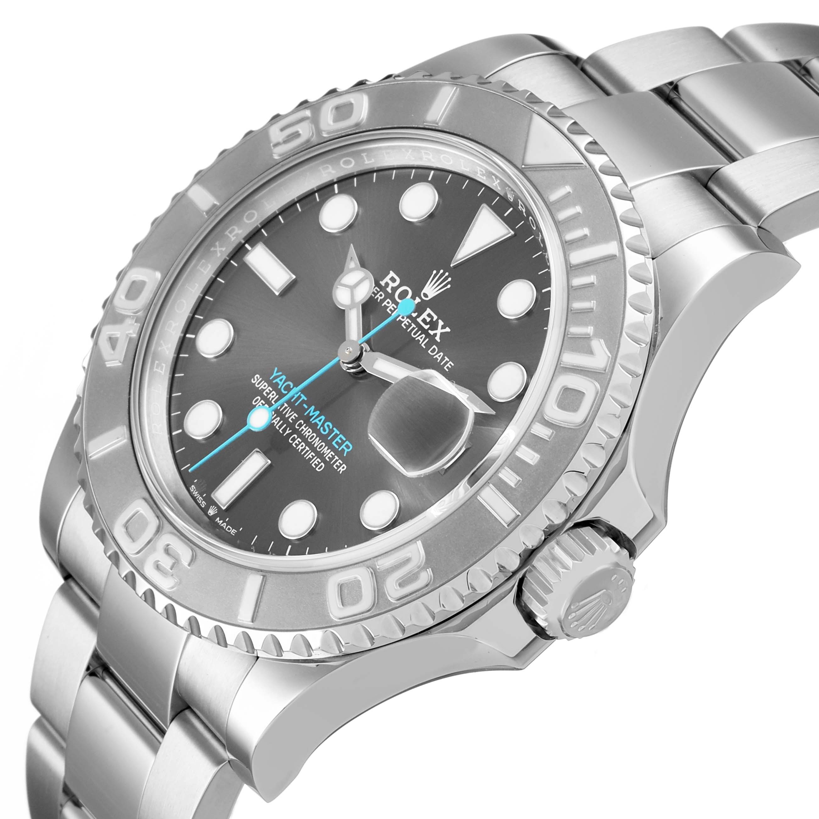 The Rolex Yacht-Master 126622 Men's Stainless Steel Silver Dial watch is shown at a slight angle, highlighting the bezel, face, crown, and part of the bracelet.