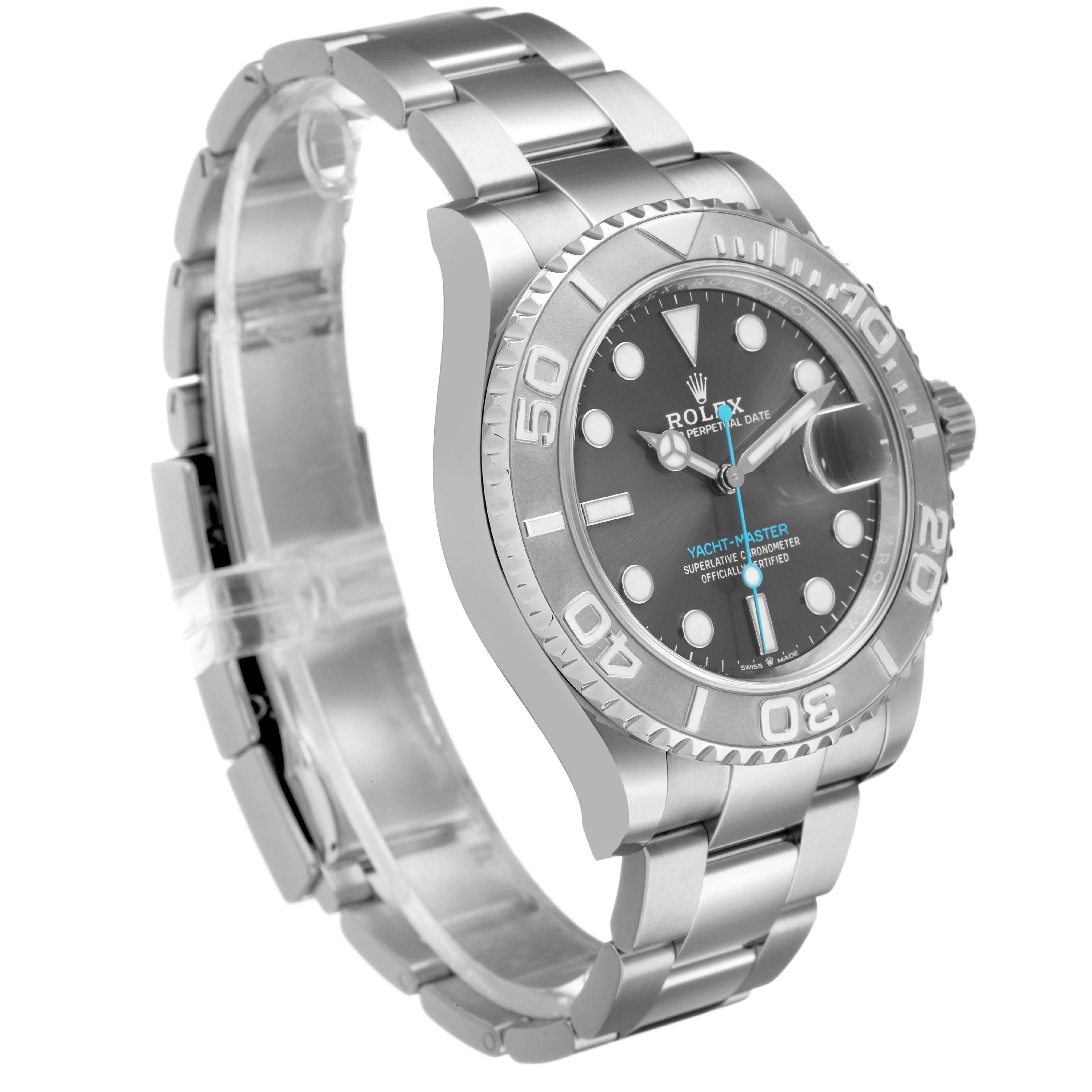 The Rolex Yacht-Master 126622 Men's Stainless Steel Silver Dial watch is shown at a three-quarter angle, displaying the face, bezel, crown, and part of the metal bracelet.