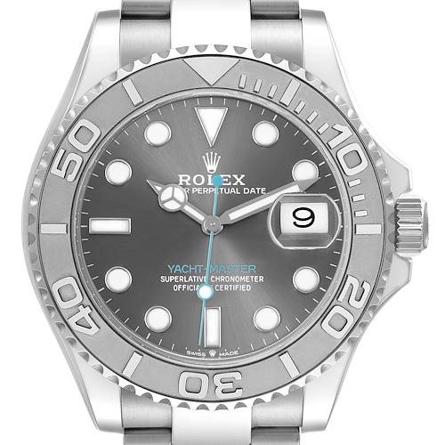 The image shows a front view of the Rolex Yacht-Master 126622 Men's Stainless Steel Silver Dial watch, displaying the dial, bezel, and case with a focus on the crown.