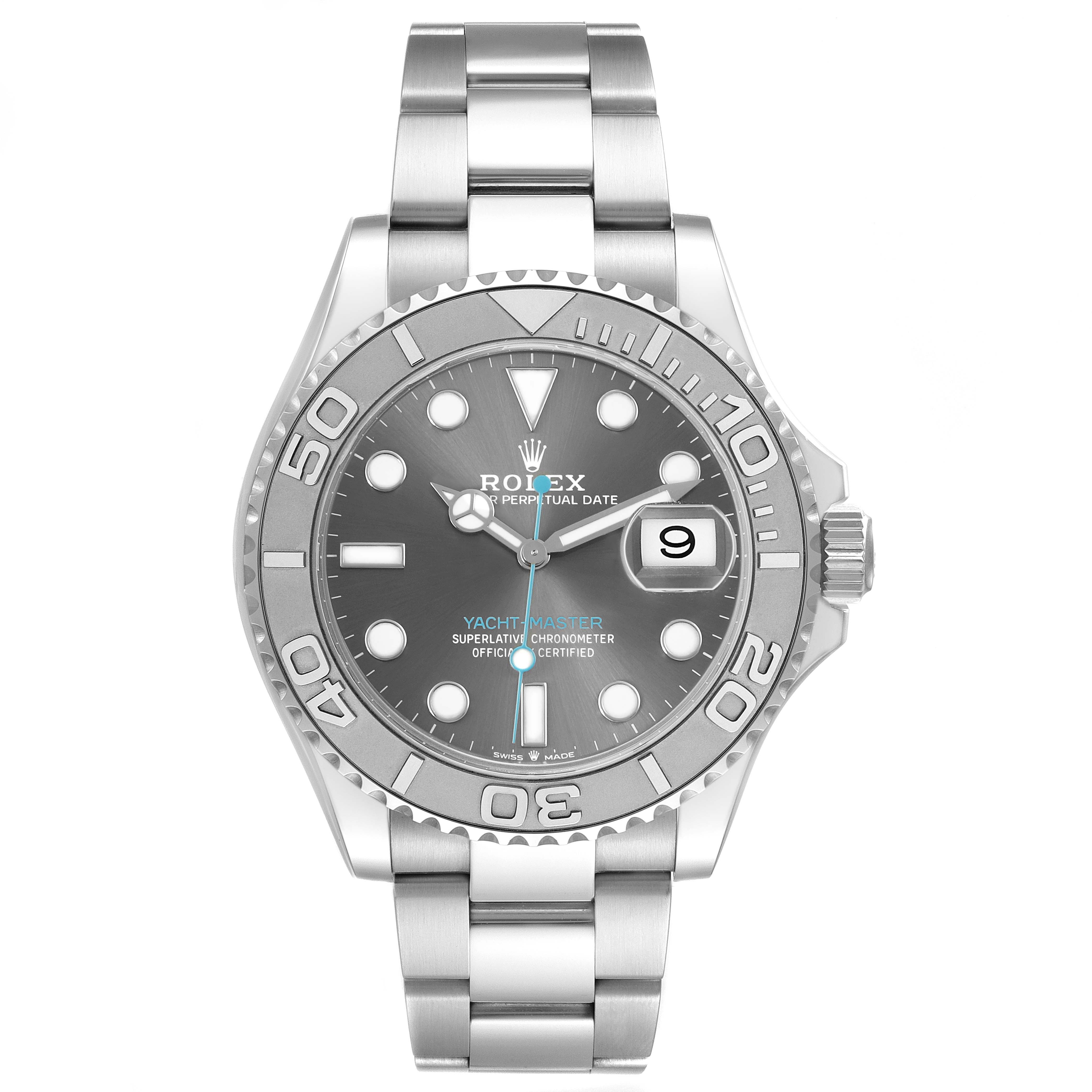 The Rolex Yacht-Master 126622 Men's Stainless Steel Silver Dial watch is shown from a front-on angle, highlighting the face, bezel, and bracelet.